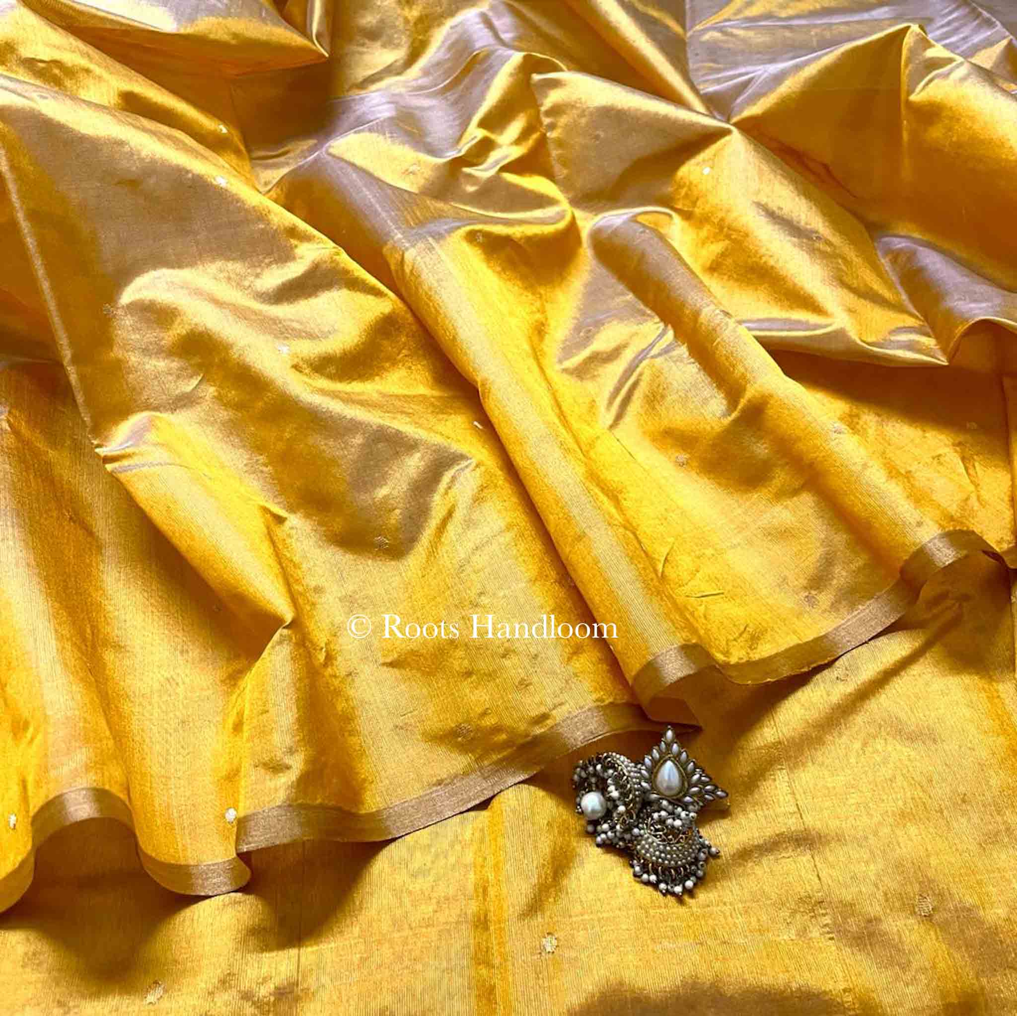 Amber Gold Chanderi Silk Saree with Zari Bootis all over - Image 4