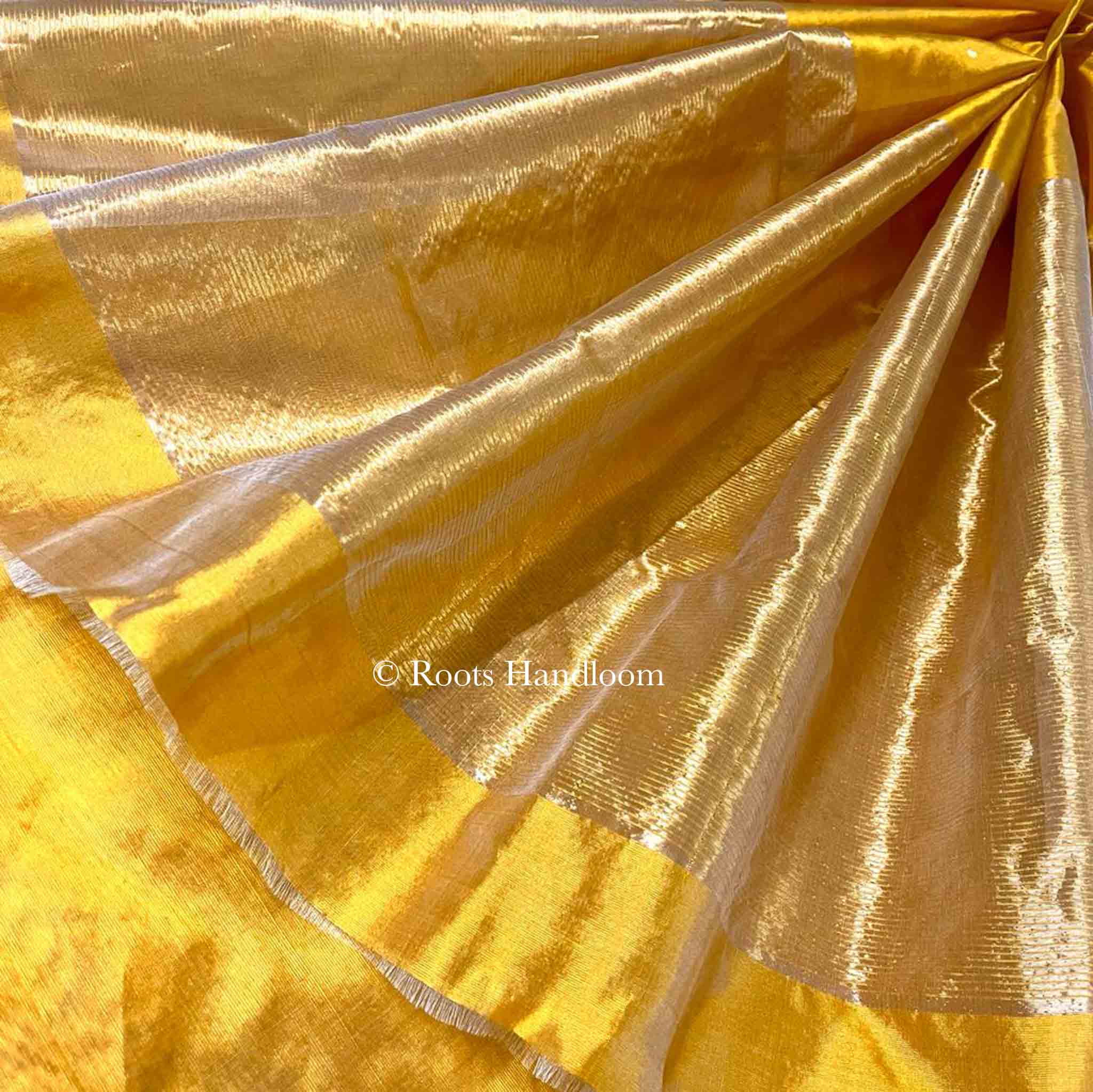 Amber Gold Chanderi Silk Saree with Zari Bootis all over - Image 5