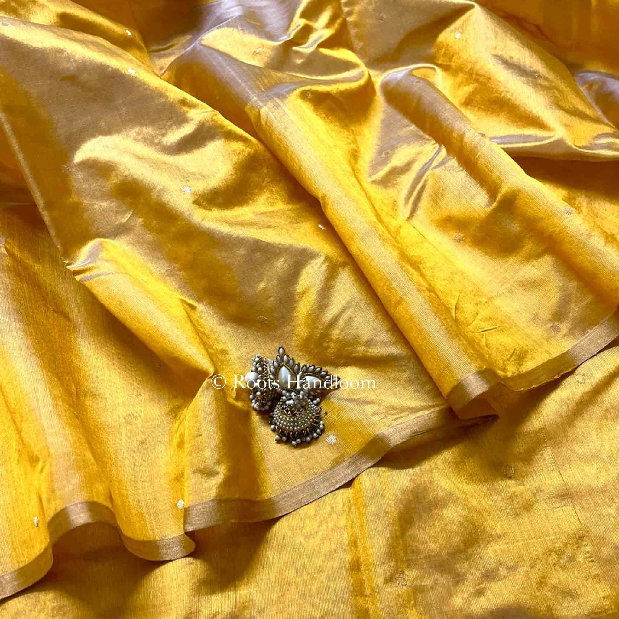 Amber Gold Chanderi Silk Saree with Zari Bootis all over - Image 6