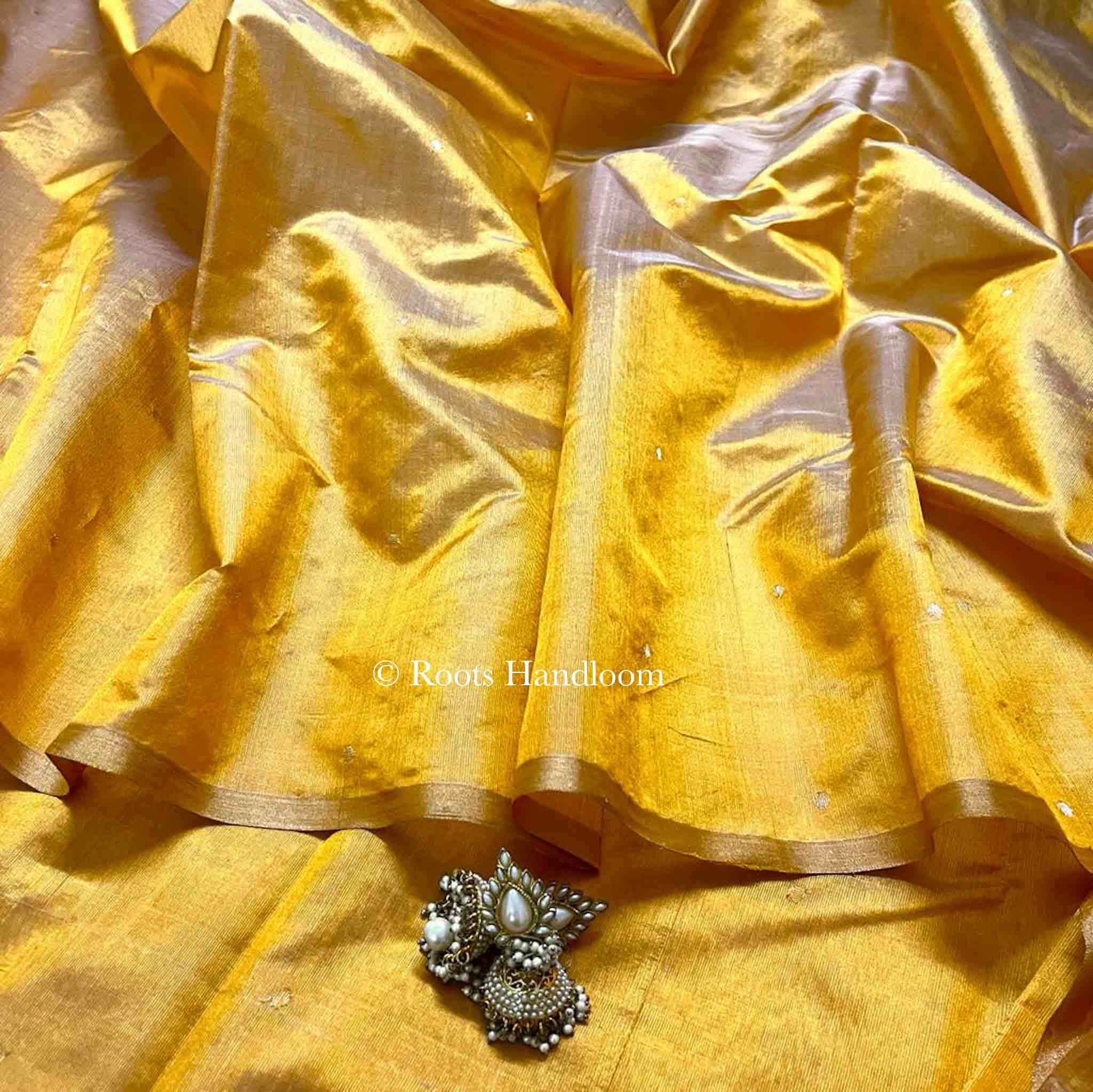 Amber Gold Chanderi Silk Saree with Zari Bootis all over - Image 7