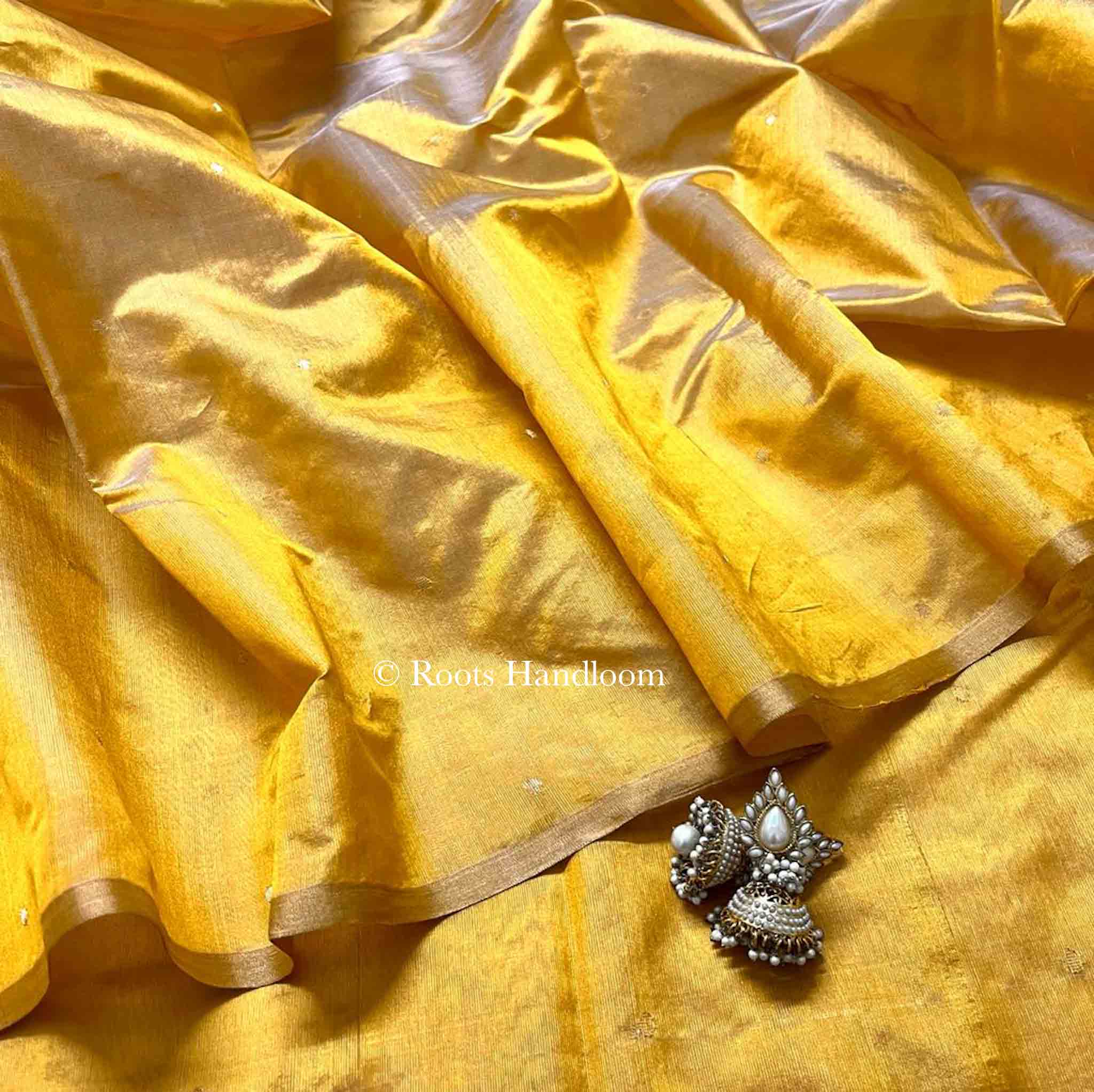 Amber Gold Chanderi Silk Saree with Zari Bootis all over - Image 8