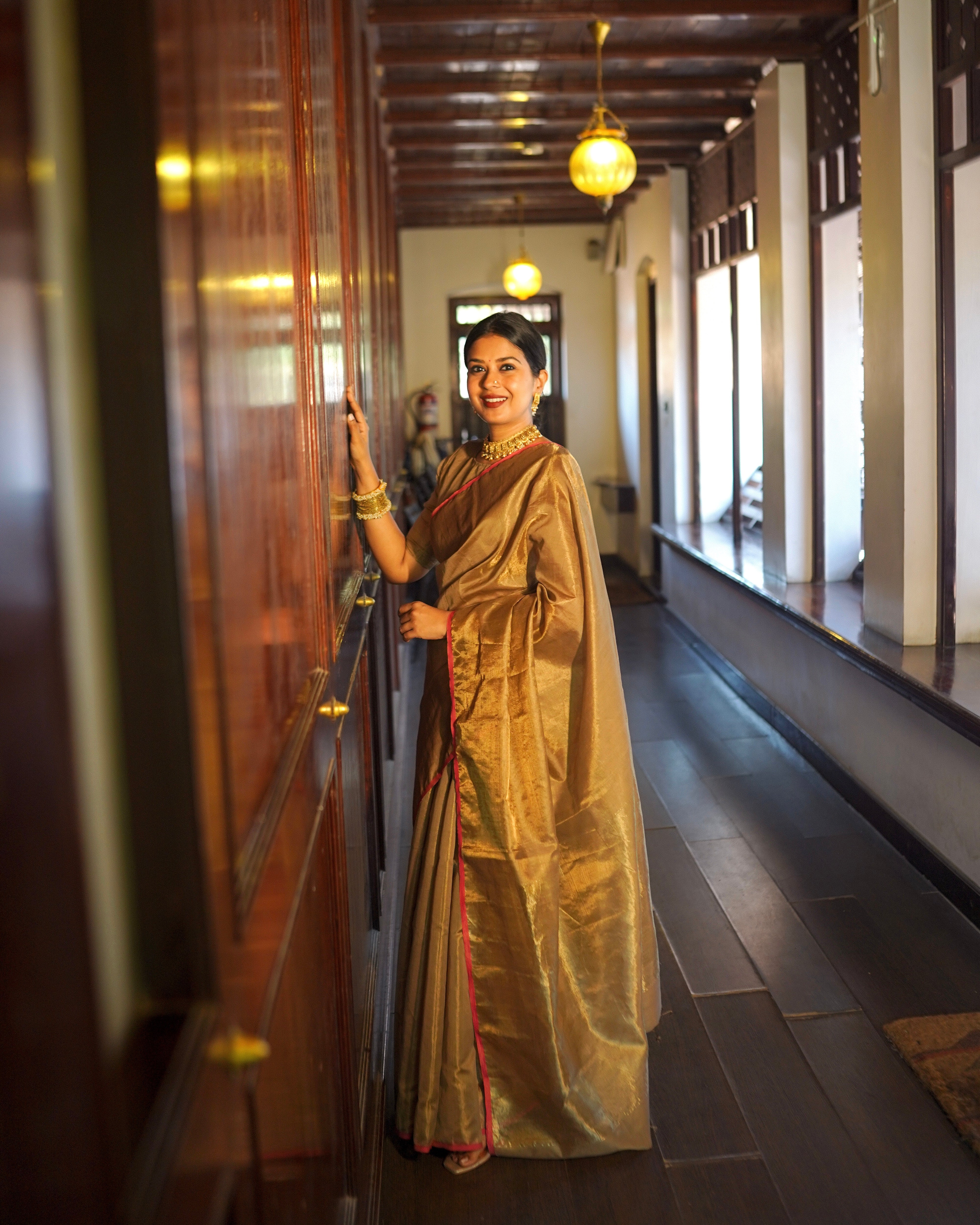 Antique gold & pink maheshwari tissue silk saree with zari lines on pallu - Image 8