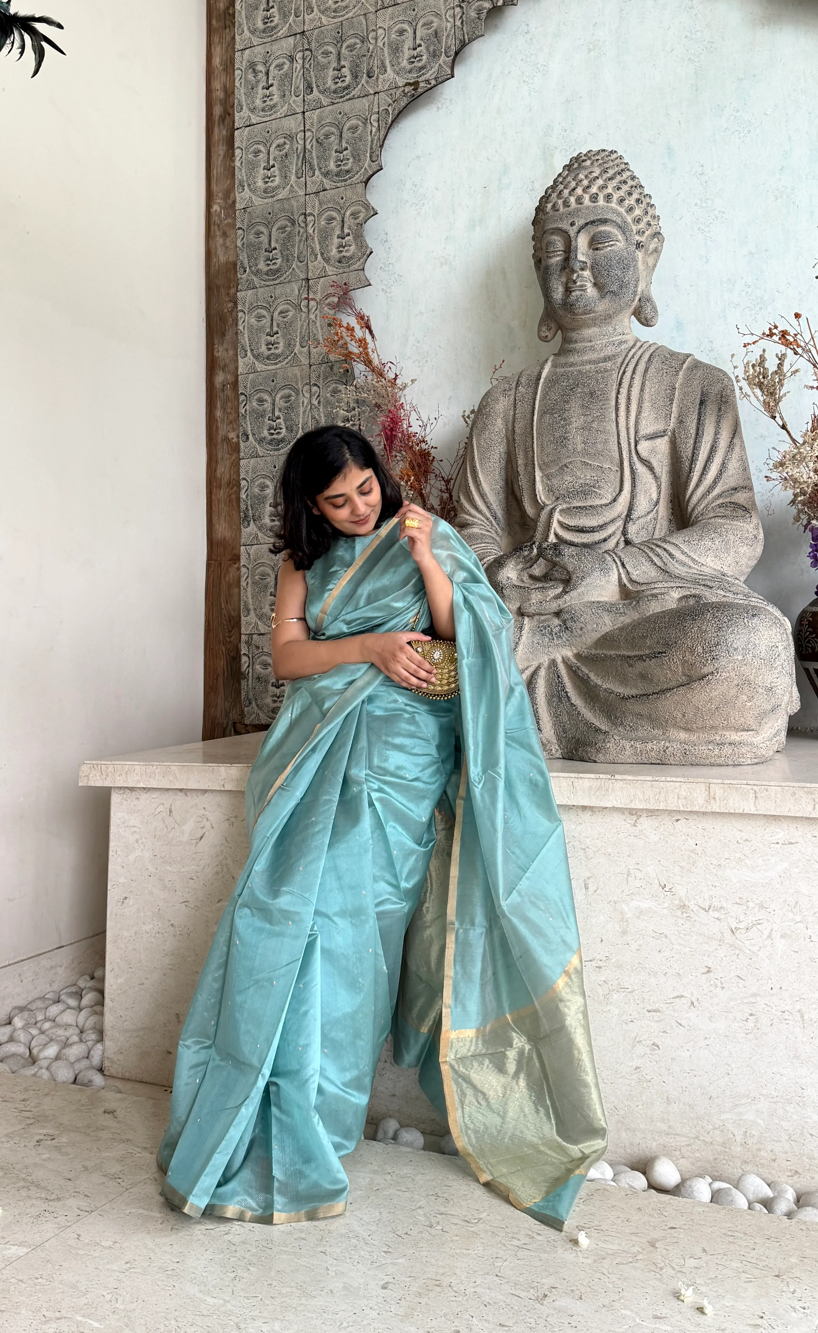 Baby blue chanderi silk saree with zari bootis all over - Image 2