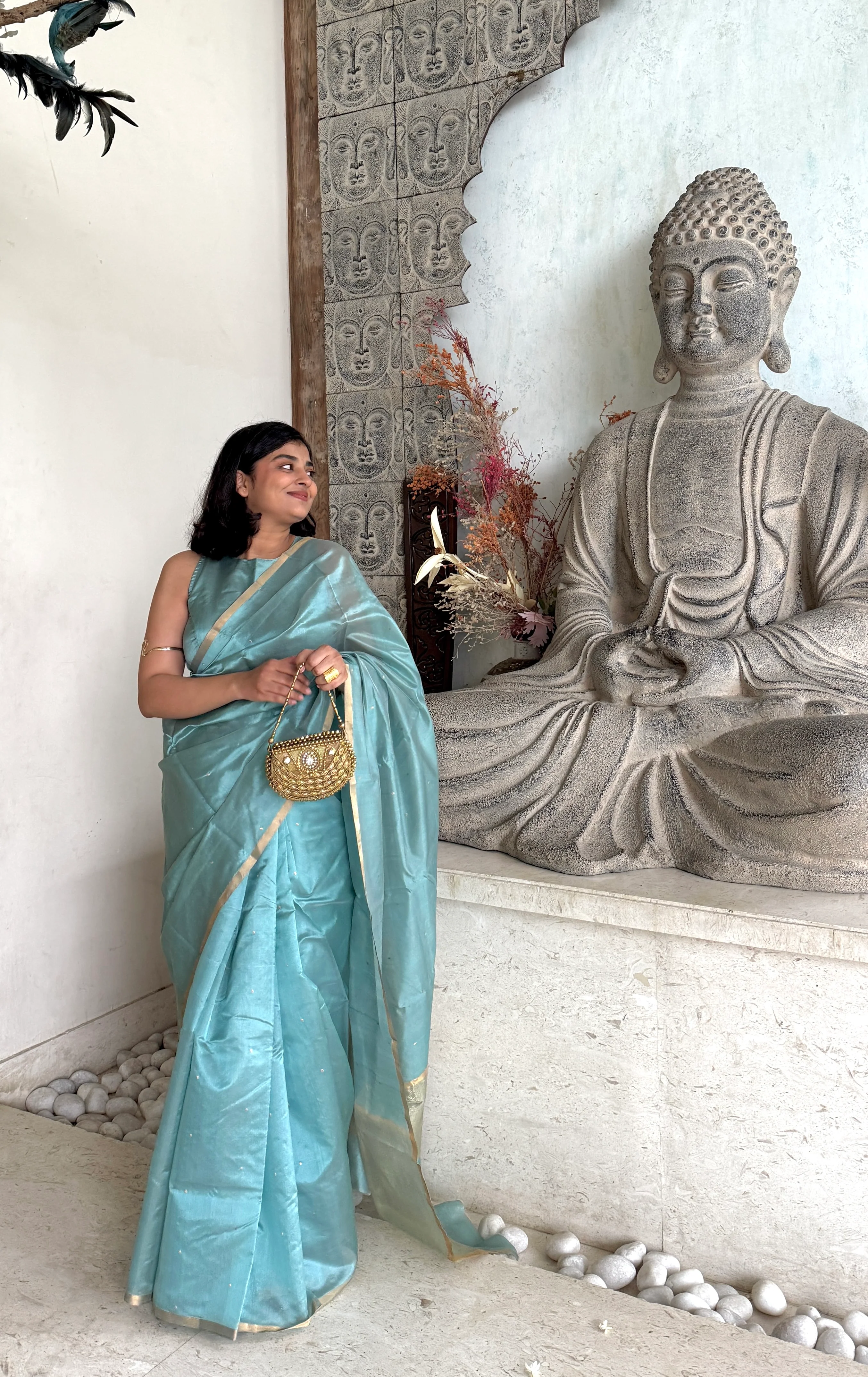 Baby blue chanderi silk saree with zari bootis all over - Image 6