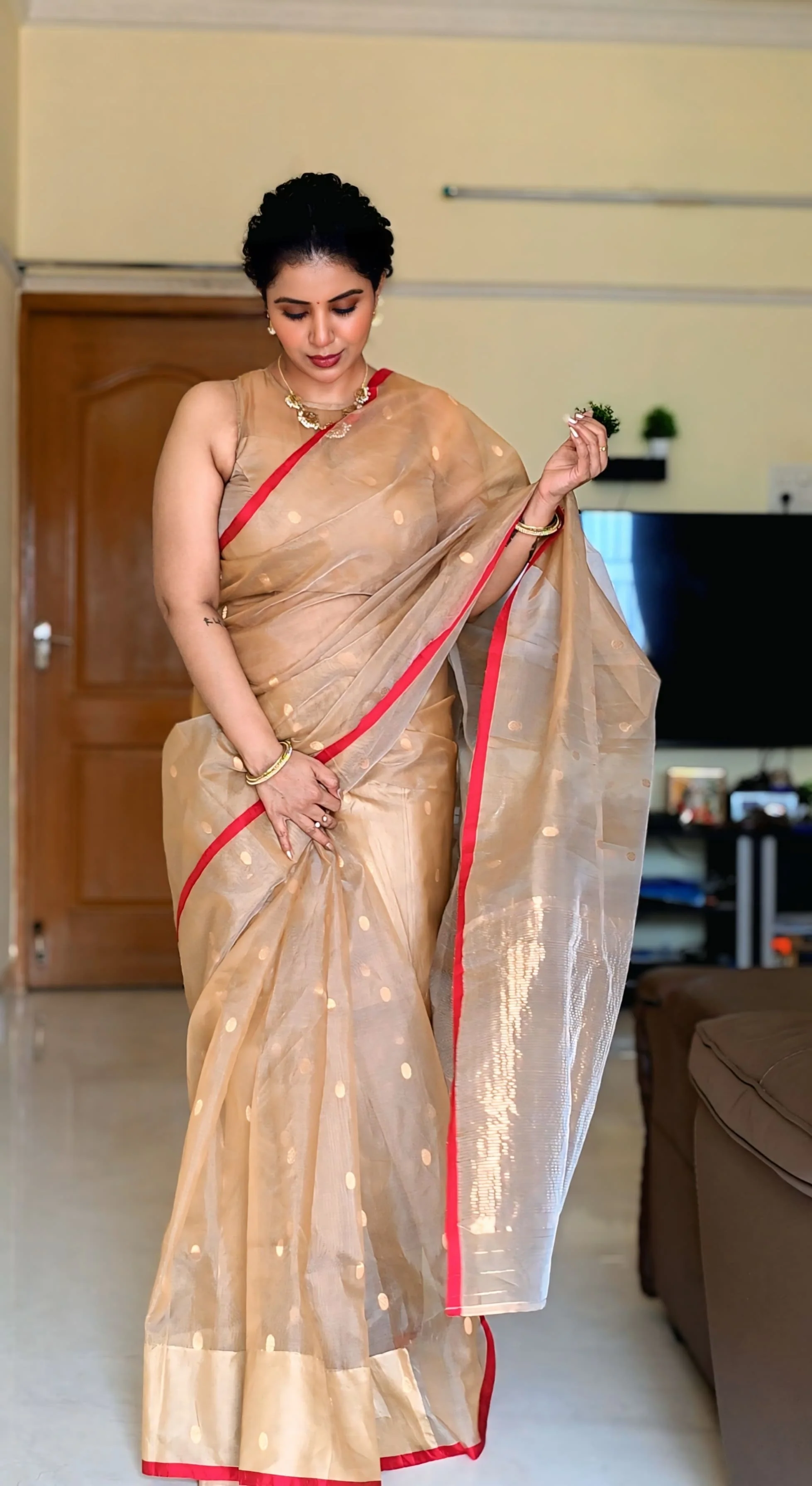 Beige gold and red Chanderi silk saree with zari bootis all over - Image 7