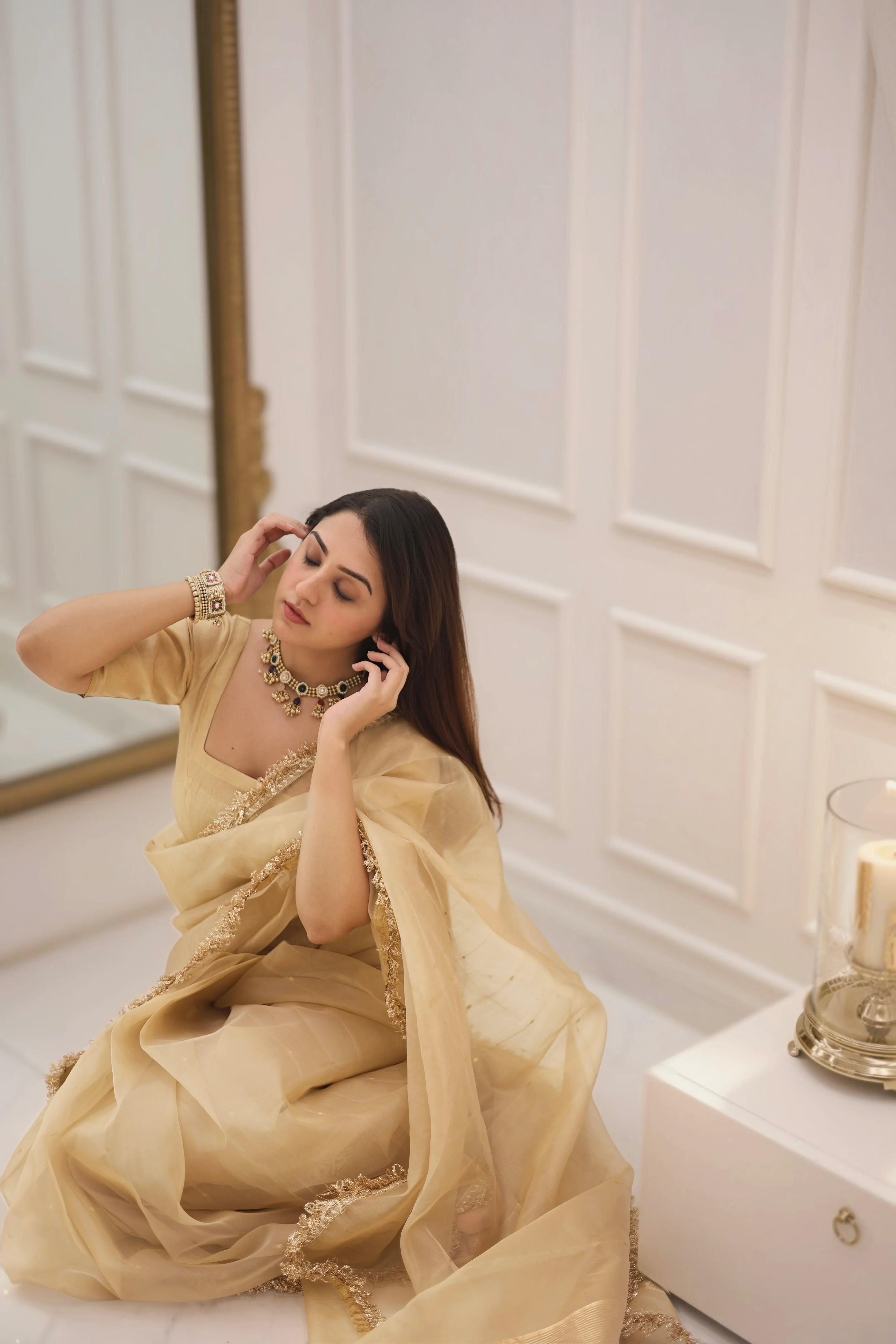 Beige gold Chanderi organza silk saree with zari bootis all over - Image 10