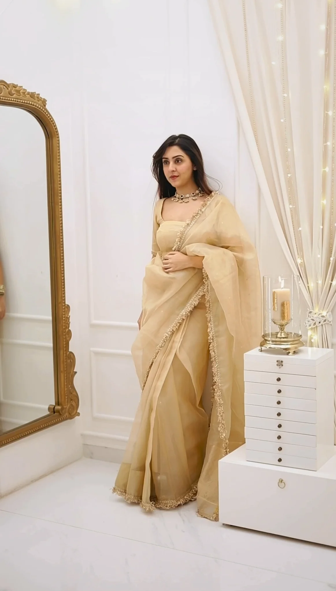 Beige gold Chanderi organza silk saree with zari bootis all over - Image 11