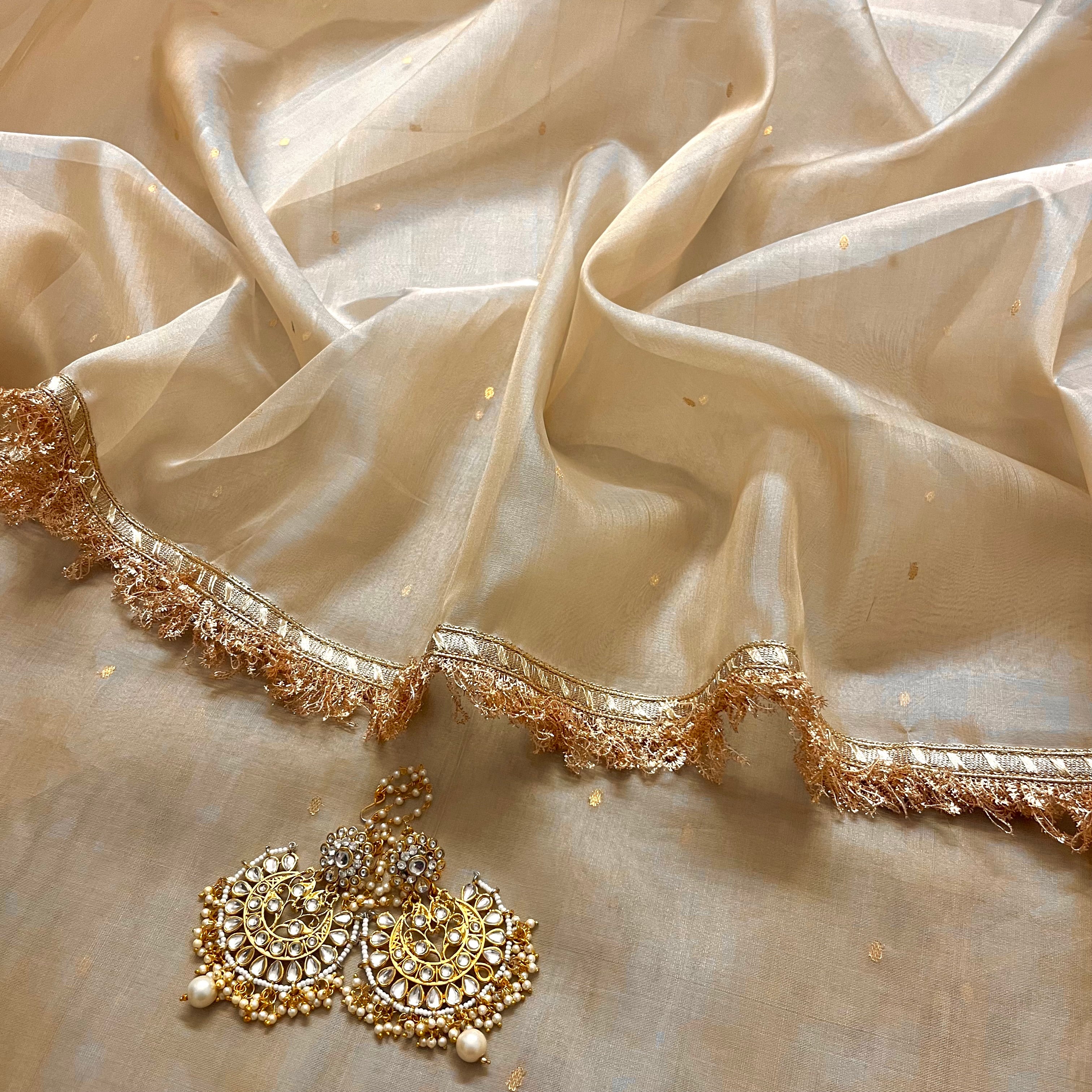 Beige gold Chanderi organza silk saree with zari bootis all over - Image 12