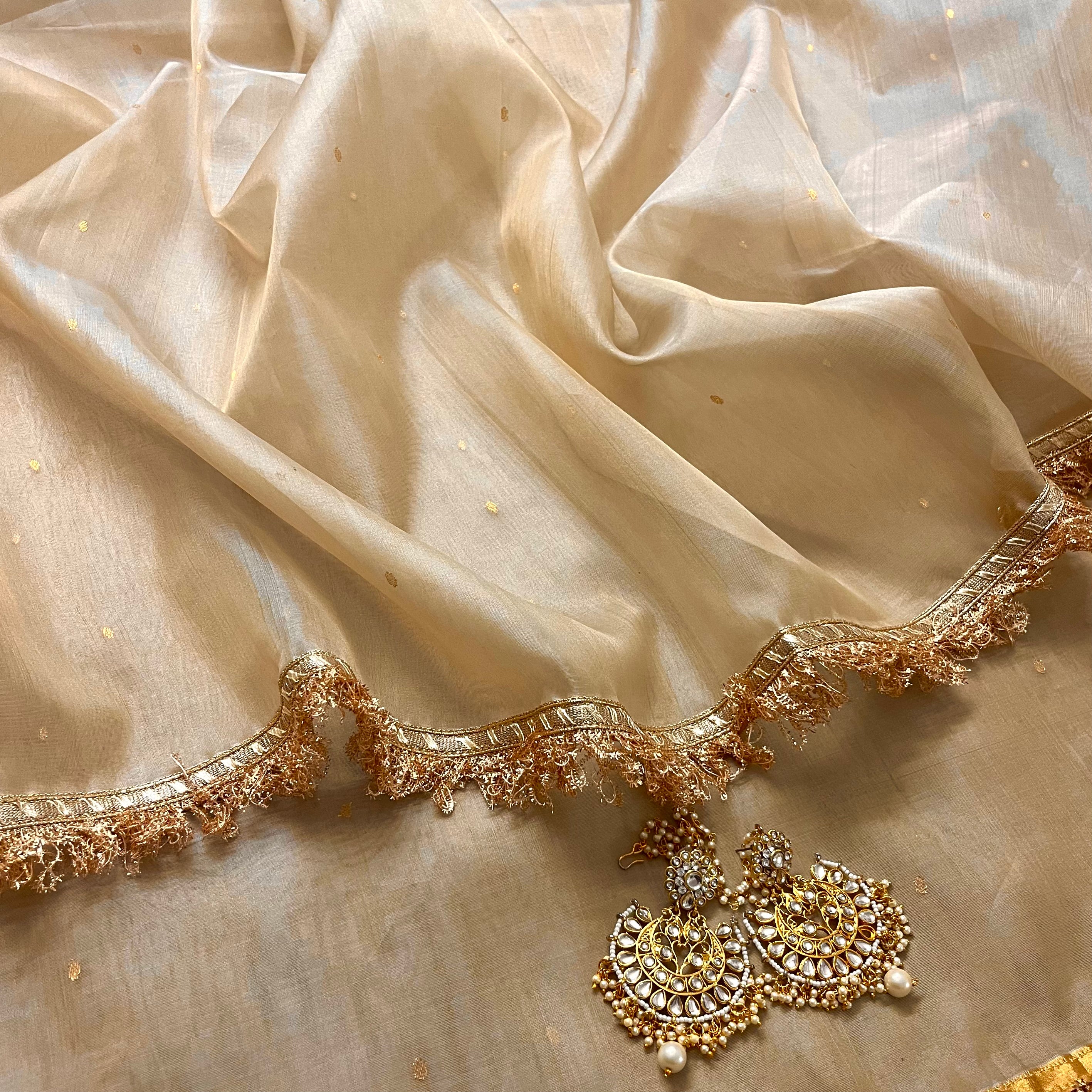 Beige gold Chanderi organza silk saree with zari bootis all over - Image 13