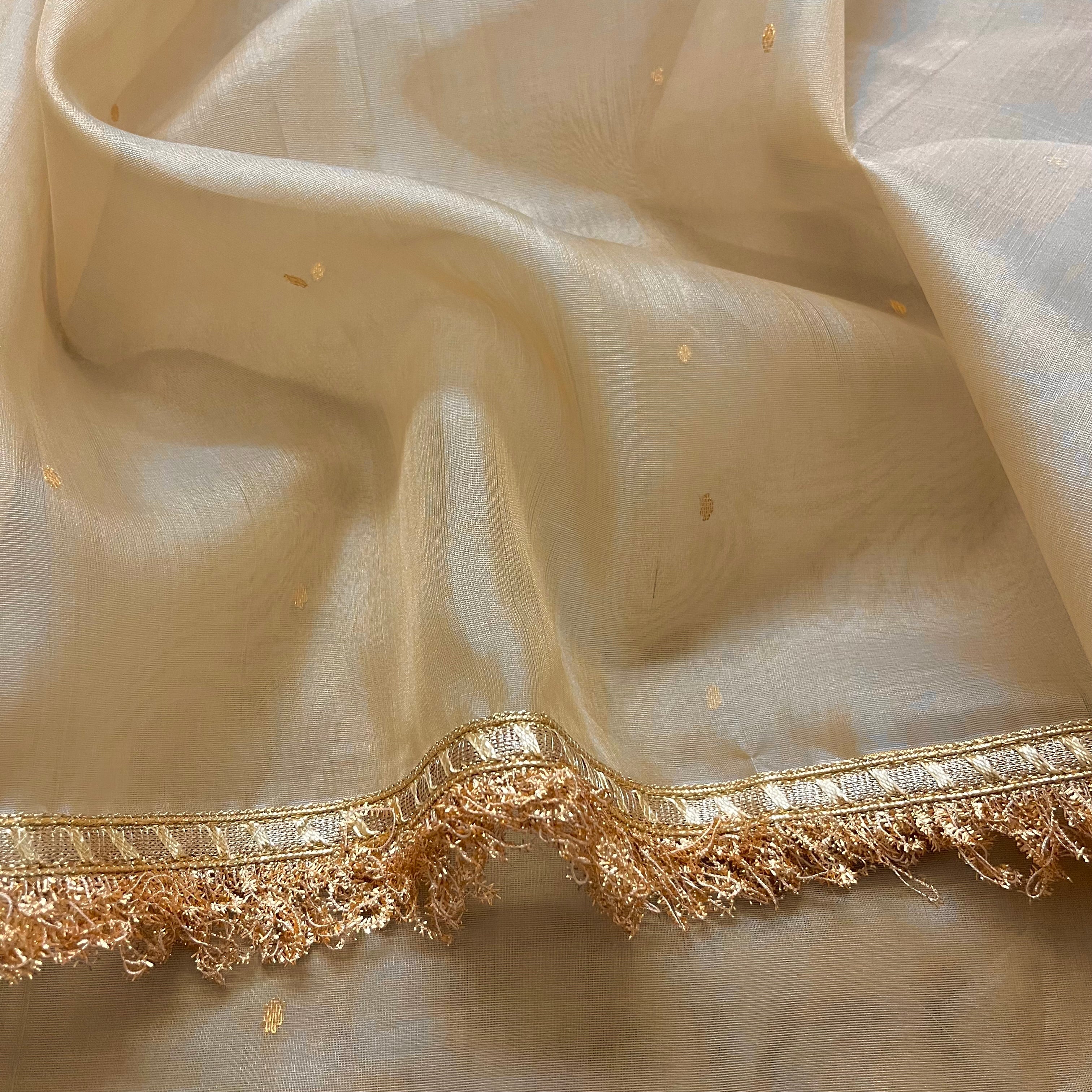 Beige gold Chanderi organza silk saree with zari bootis all over - Image 14
