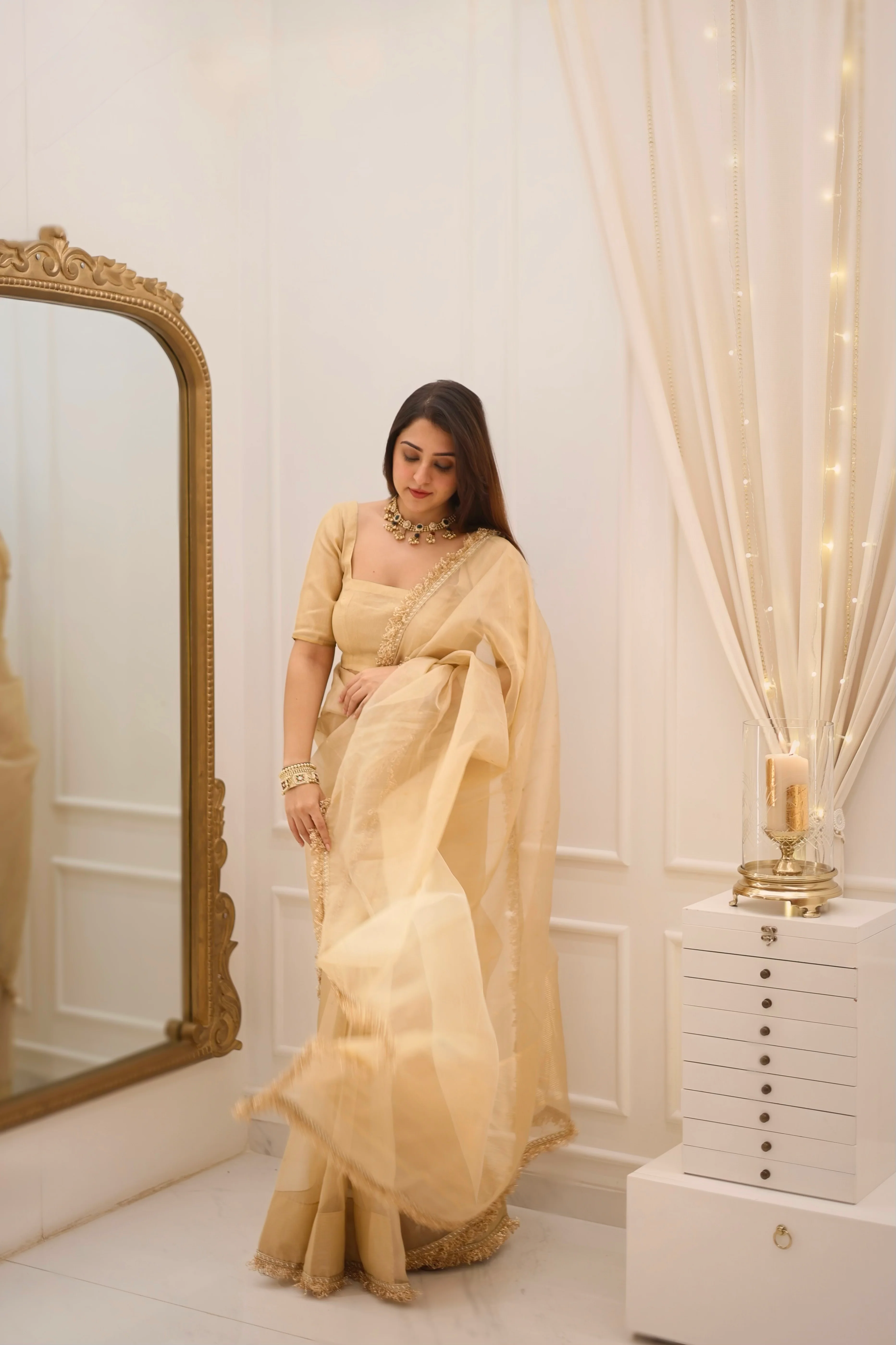 Beige gold Chanderi organza silk saree with zari bootis all over - Image 15