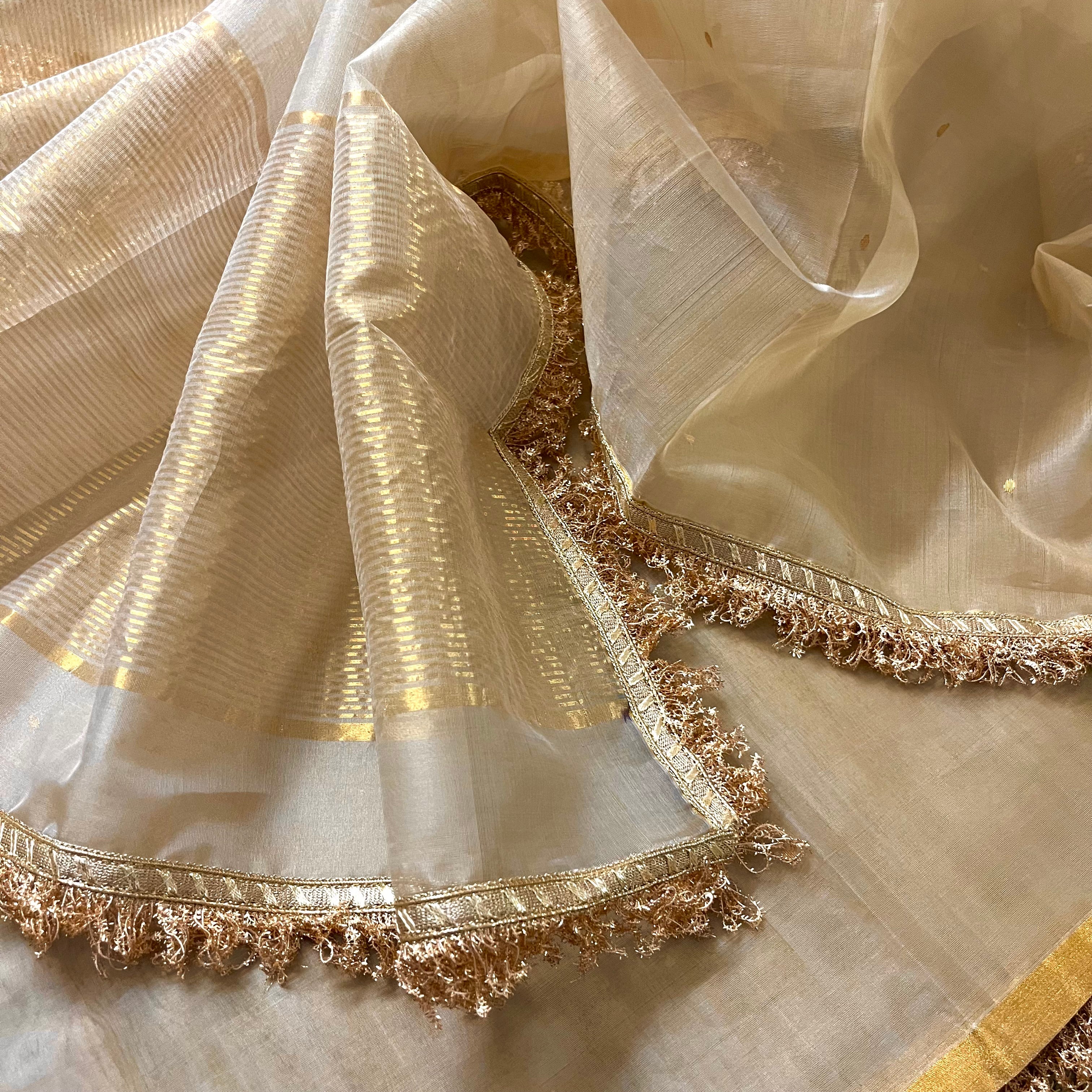 Beige gold Chanderi organza silk saree with zari bootis all over - Image 17