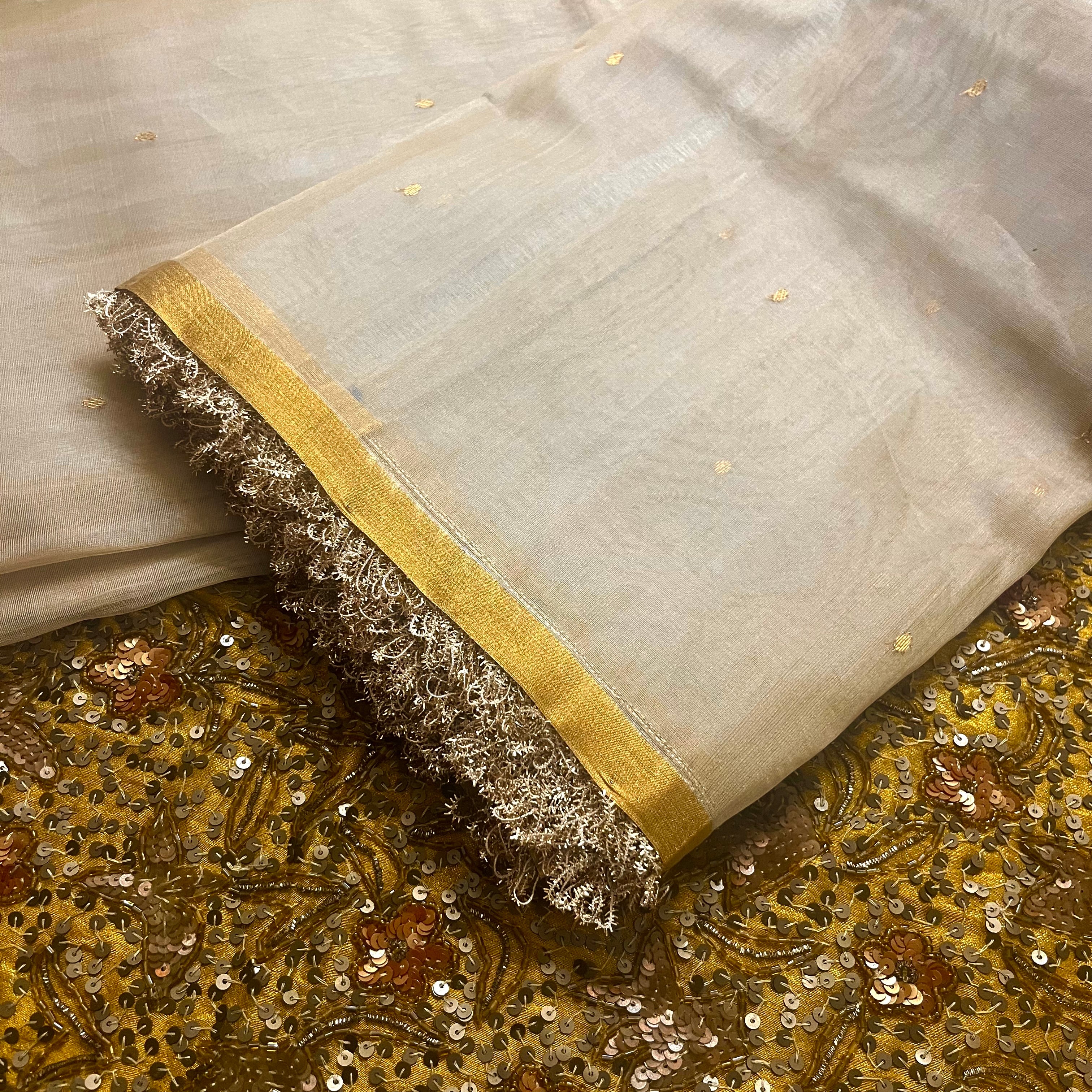 Beige gold Chanderi organza silk saree with zari bootis all over - Image 18