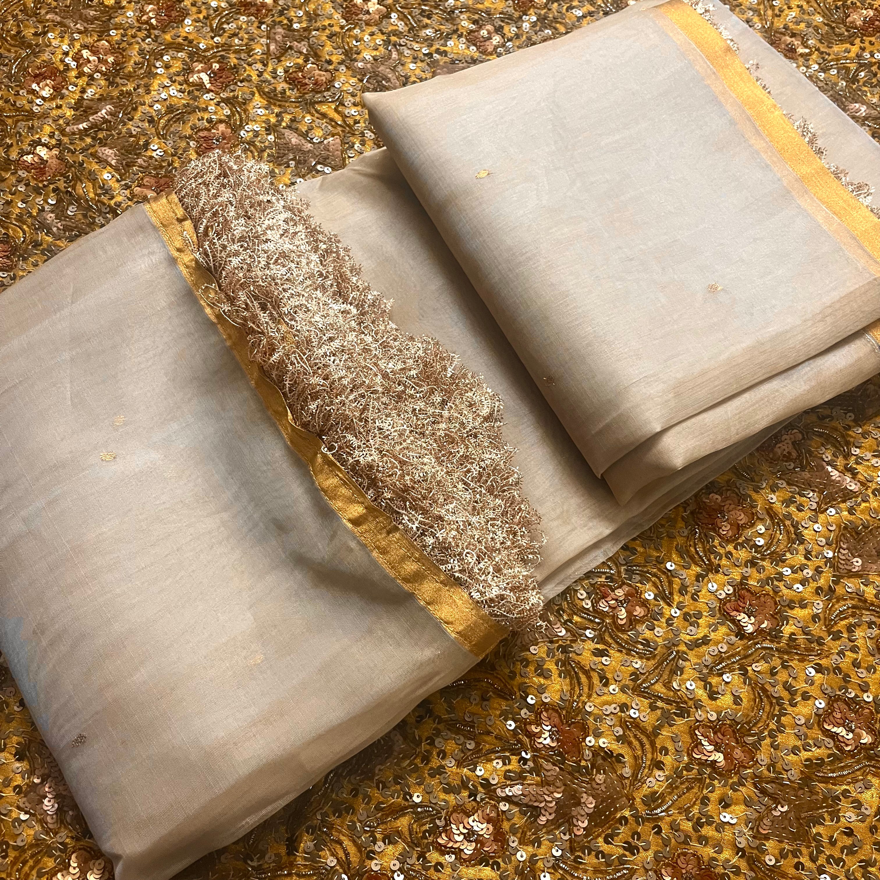 Beige gold Chanderi organza silk saree with zari bootis all over - Image 19