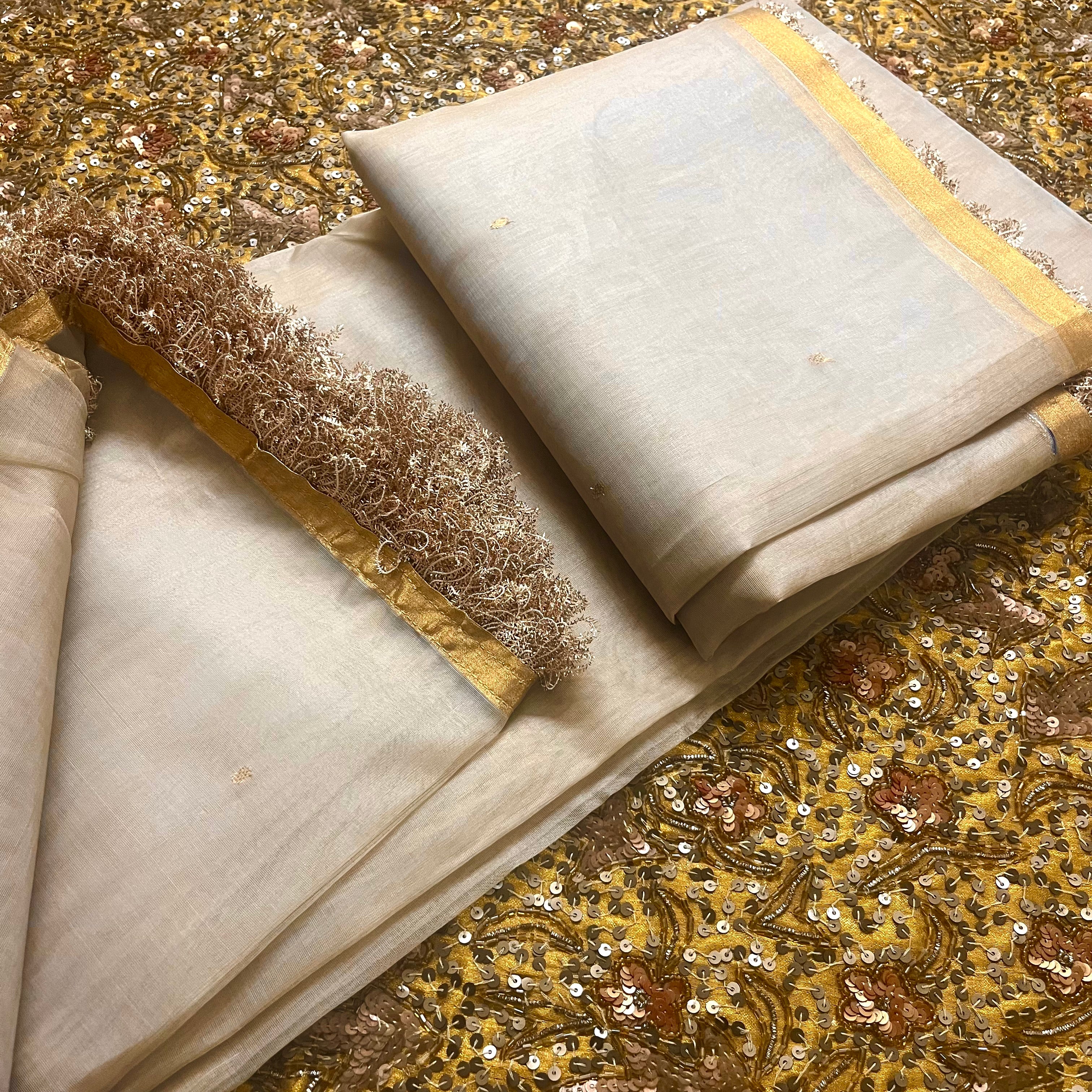 Beige gold Chanderi organza silk saree with zari bootis all over - Image 20