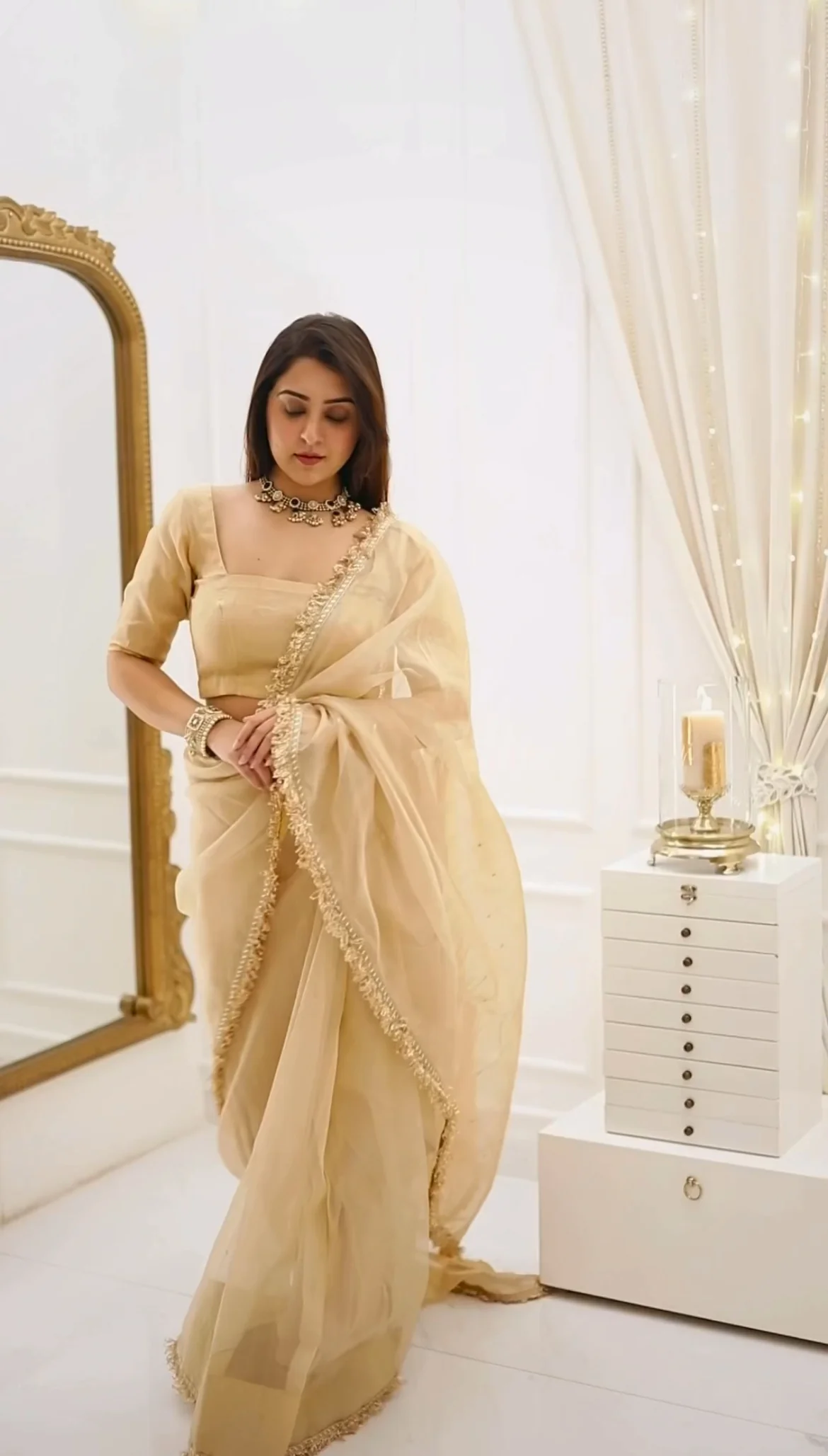 Beige gold Chanderi organza silk saree with zari bootis all over - Image 21
