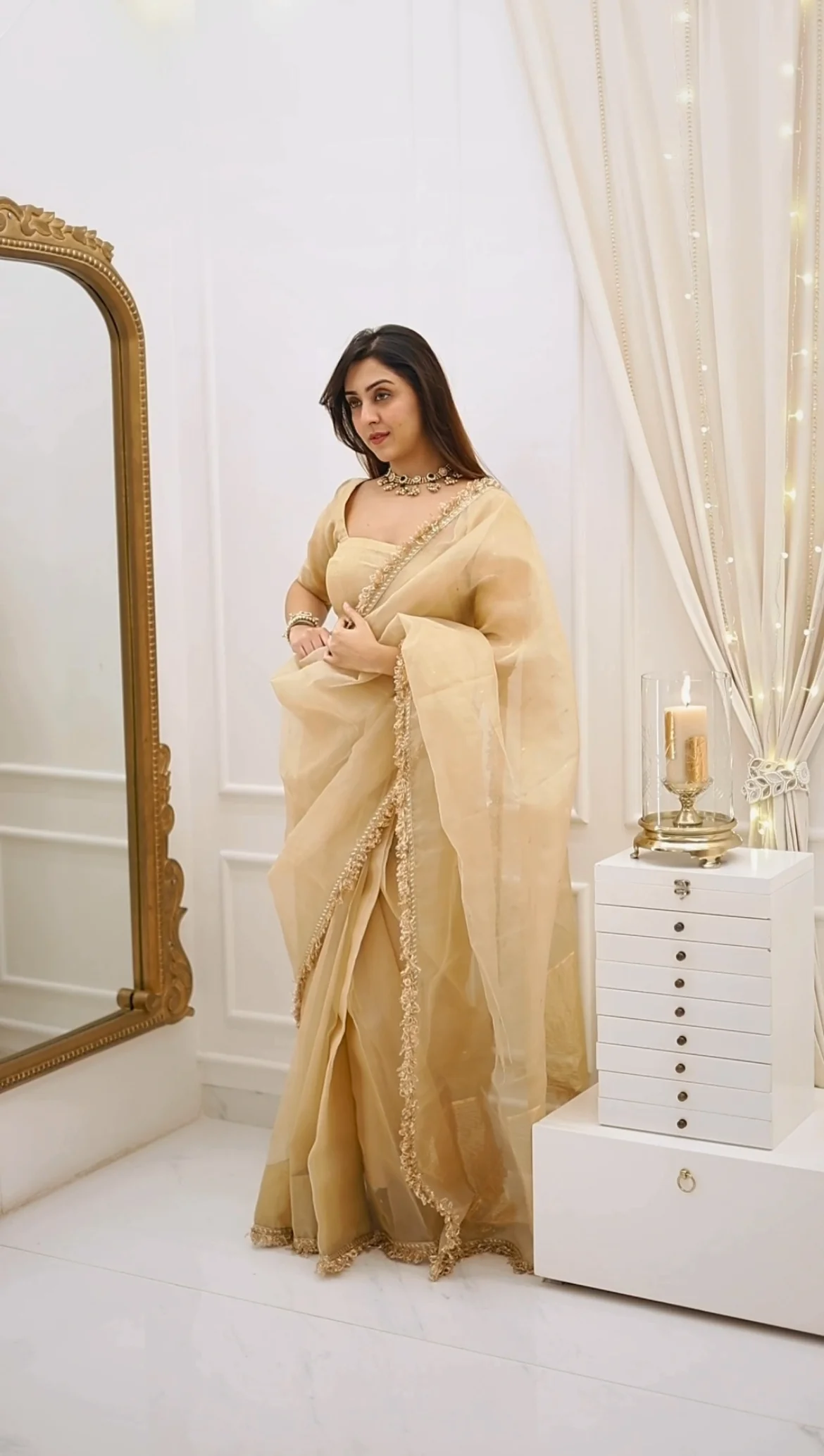 Beige gold Chanderi organza silk saree with zari bootis all over - Image 22