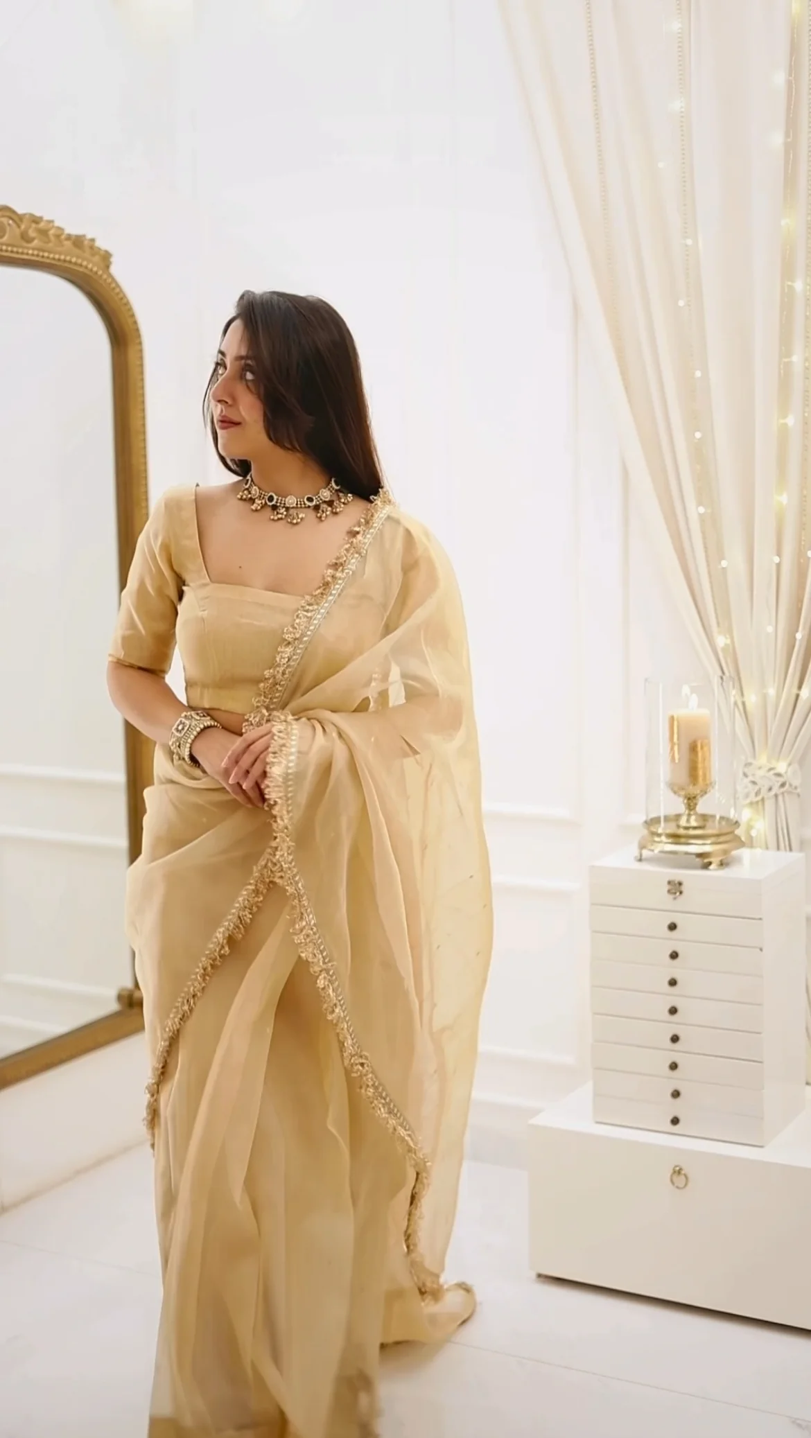 Beige gold Chanderi organza silk saree with zari bootis all over - Image 23