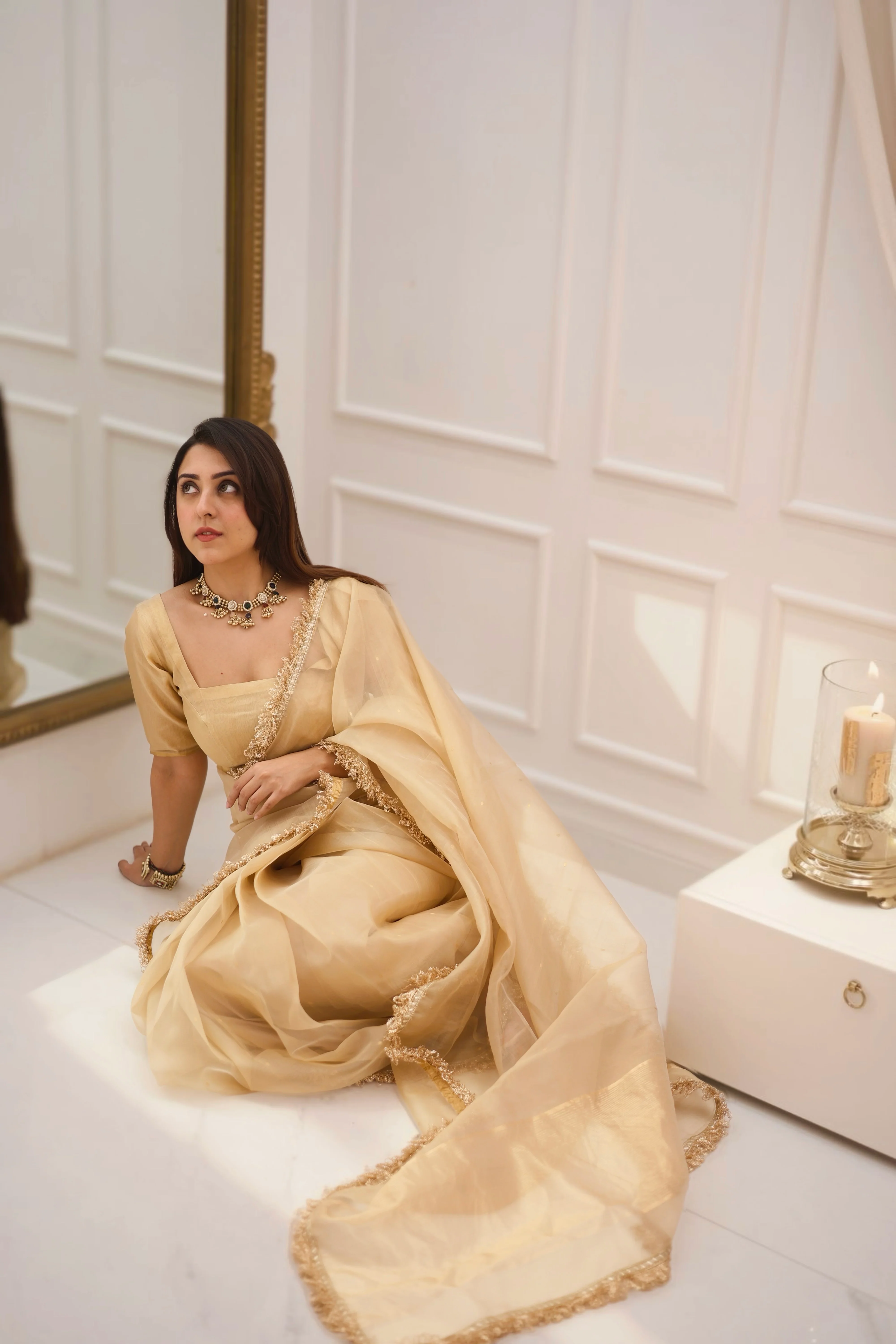 Beige gold Chanderi organza silk saree with zari bootis all over - Image 24