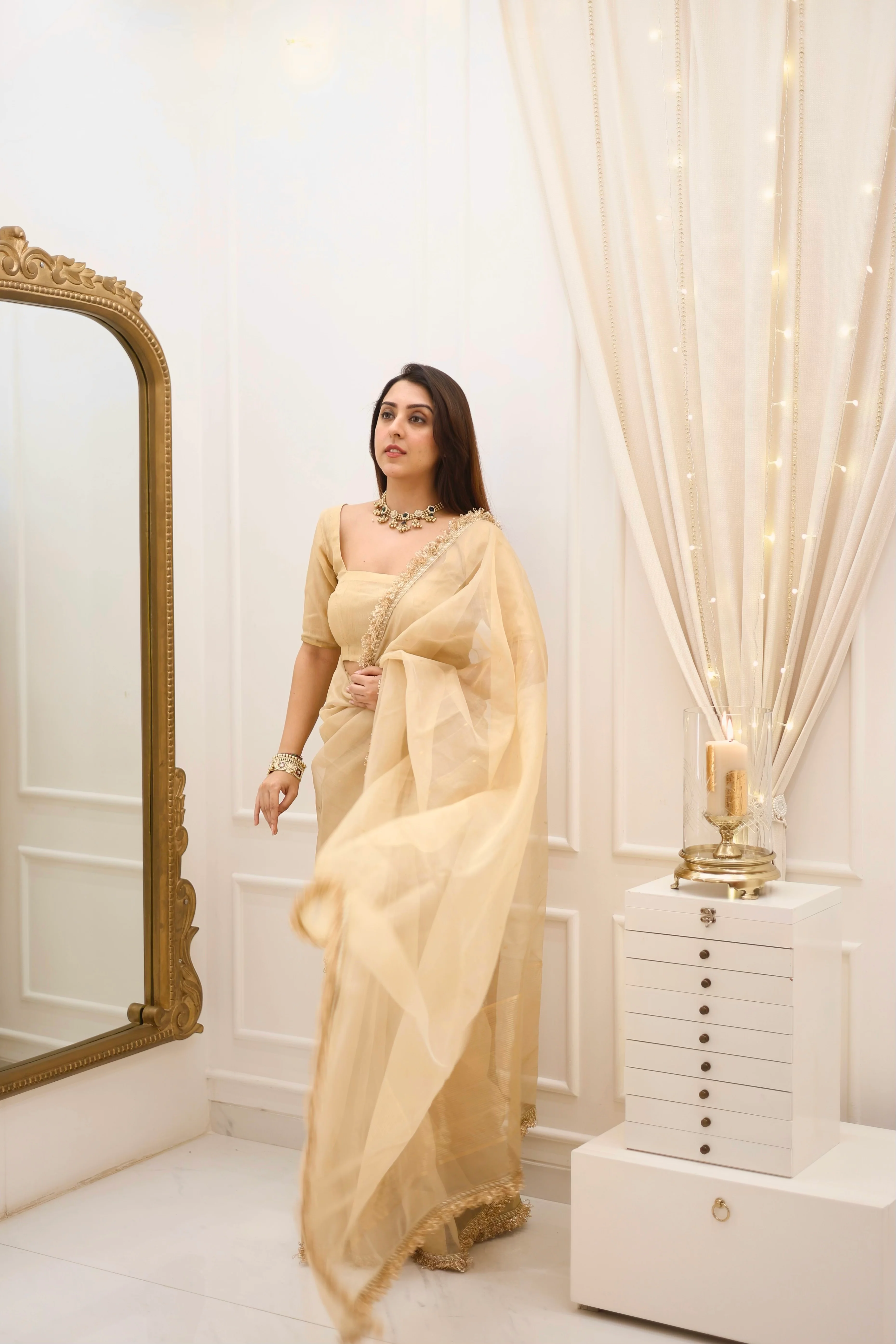 Beige gold Chanderi organza silk saree with zari bootis all over - Image 25