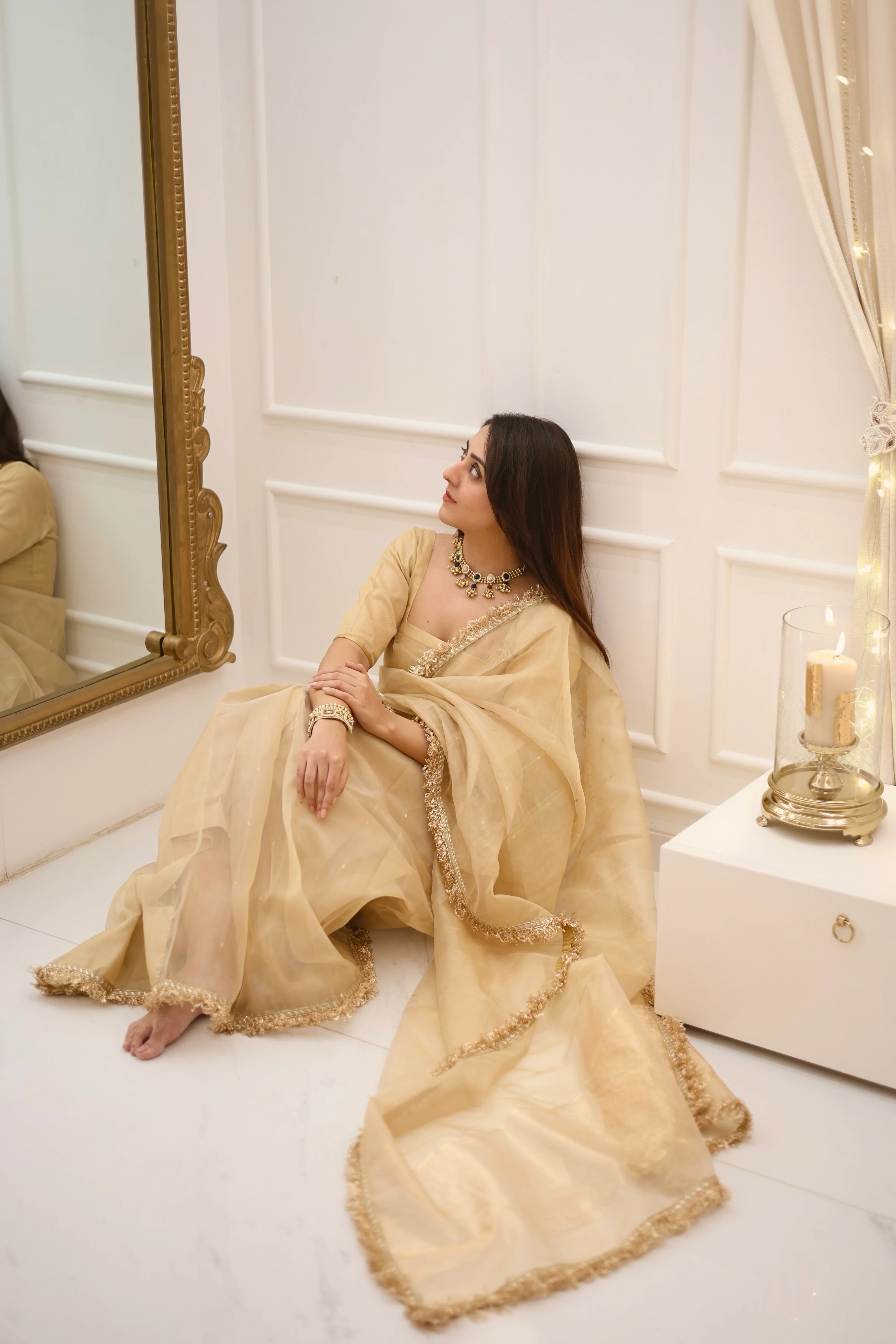 Beige gold Chanderi organza silk saree with zari bootis all over - Image 26