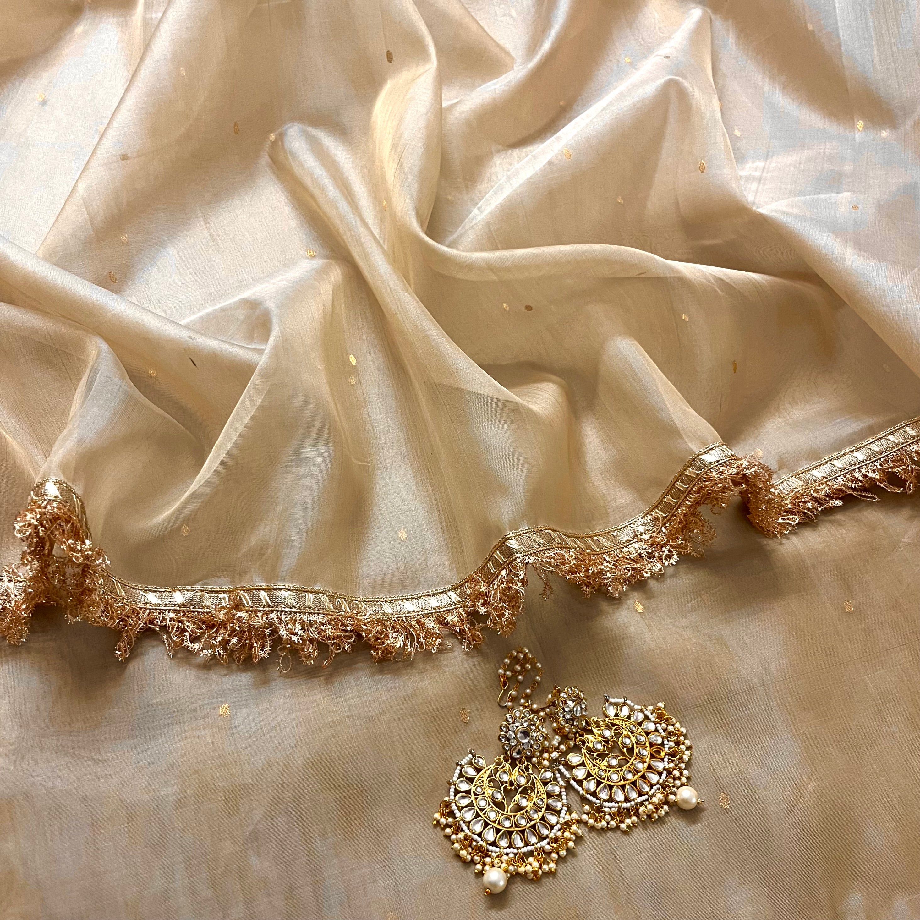 Beige gold Chanderi organza silk saree with zari bootis all over - Image 3