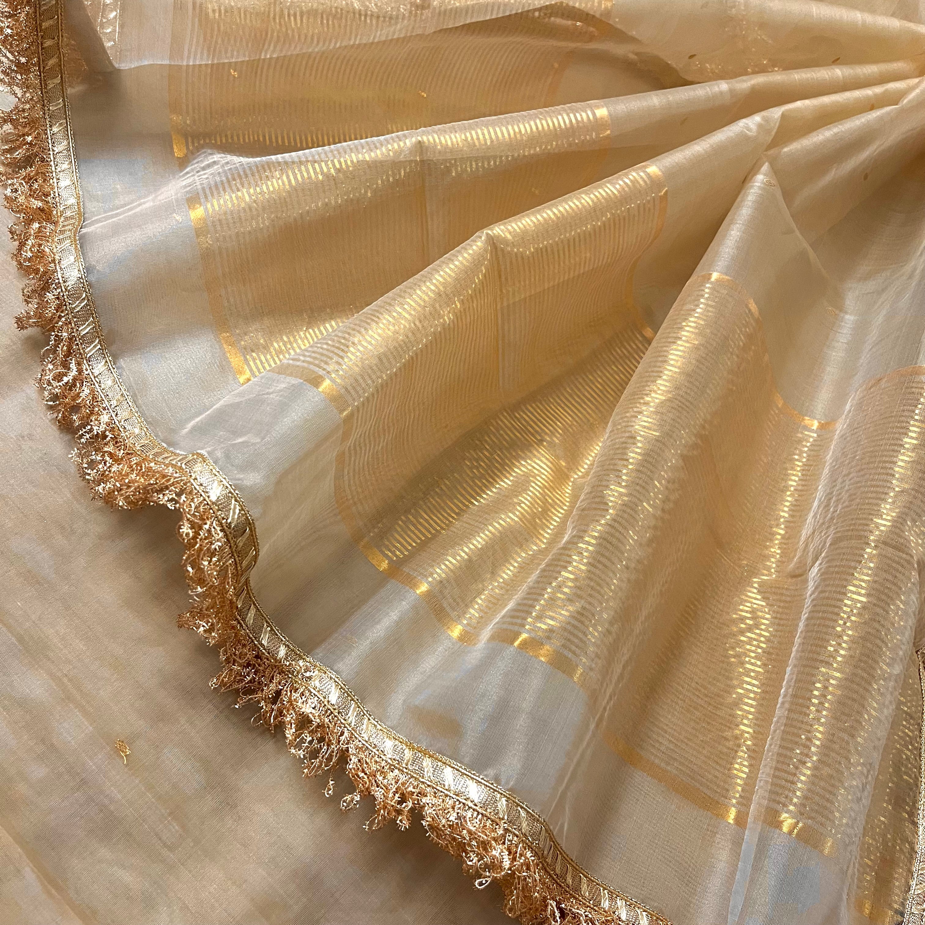 Beige gold Chanderi organza silk saree with zari bootis all over - Image 4
