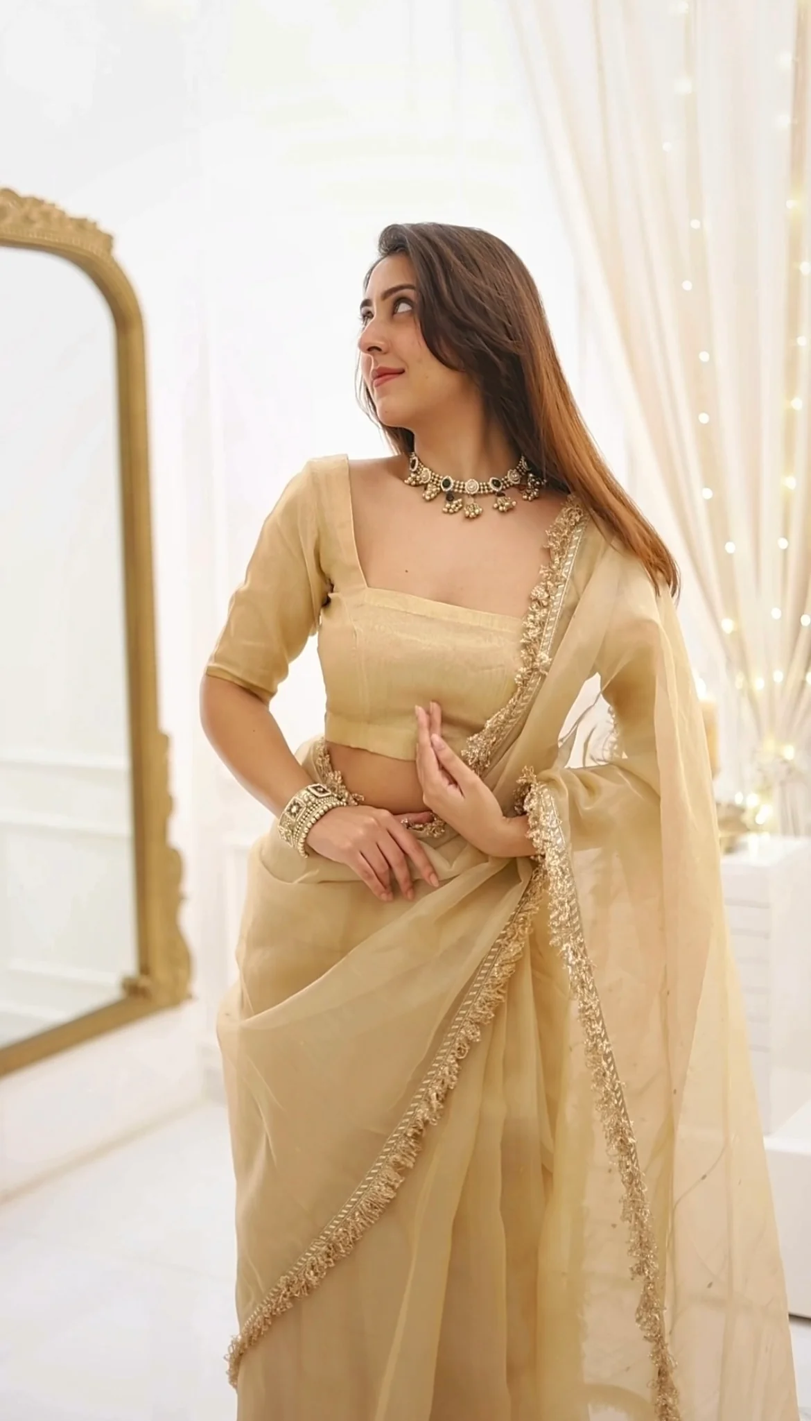 Beige gold Chanderi organza silk saree with zari bootis all over - Image 5