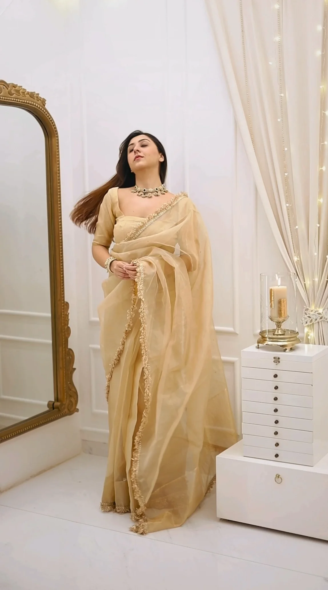 Beige gold Chanderi organza silk saree with zari bootis all over - Image 6