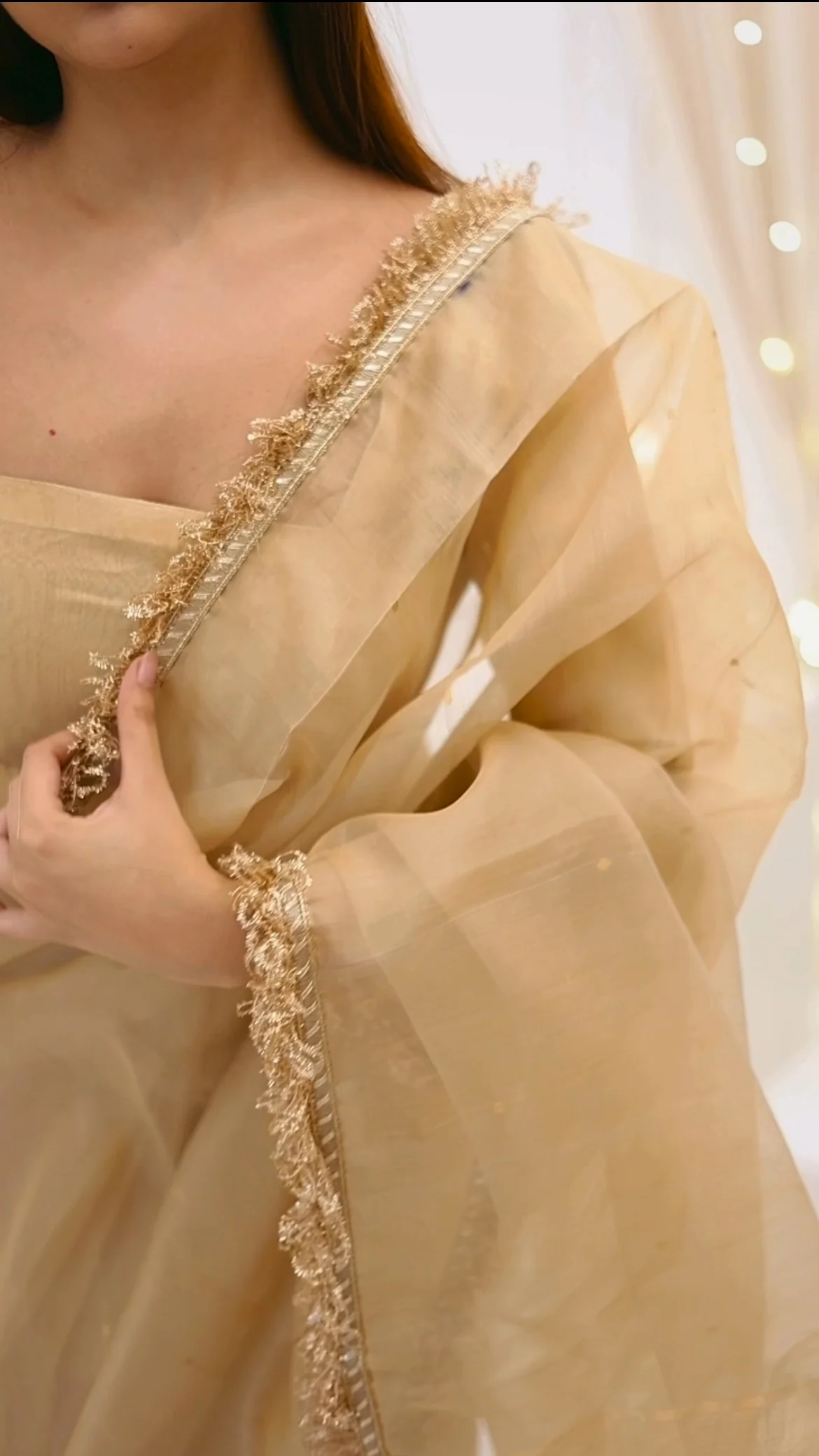 Beige gold Chanderi organza silk saree with zari bootis all over - Image 7