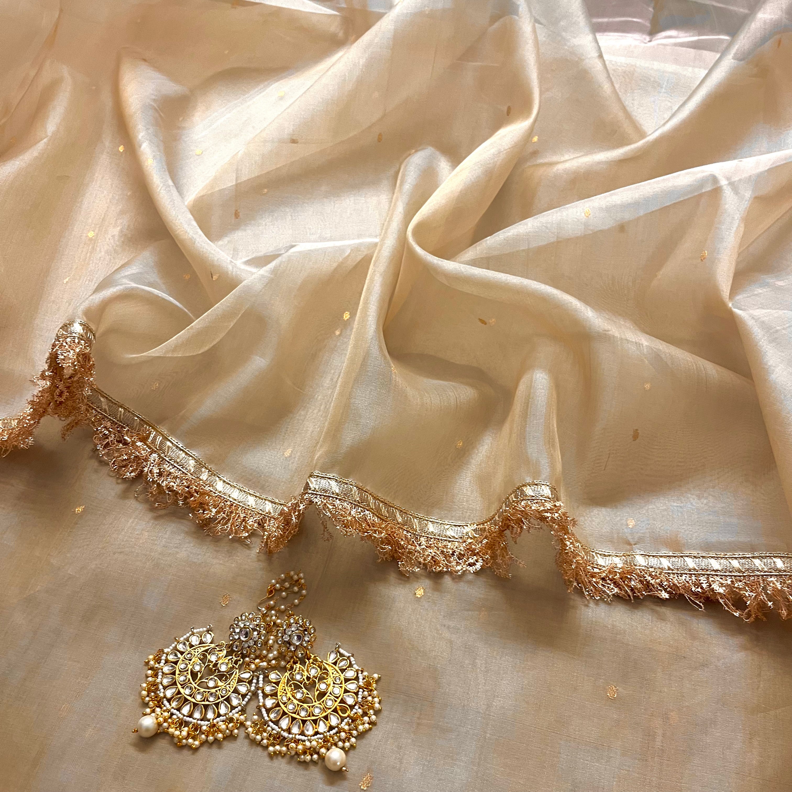 Beige gold Chanderi organza silk saree with zari bootis all over - Image 8