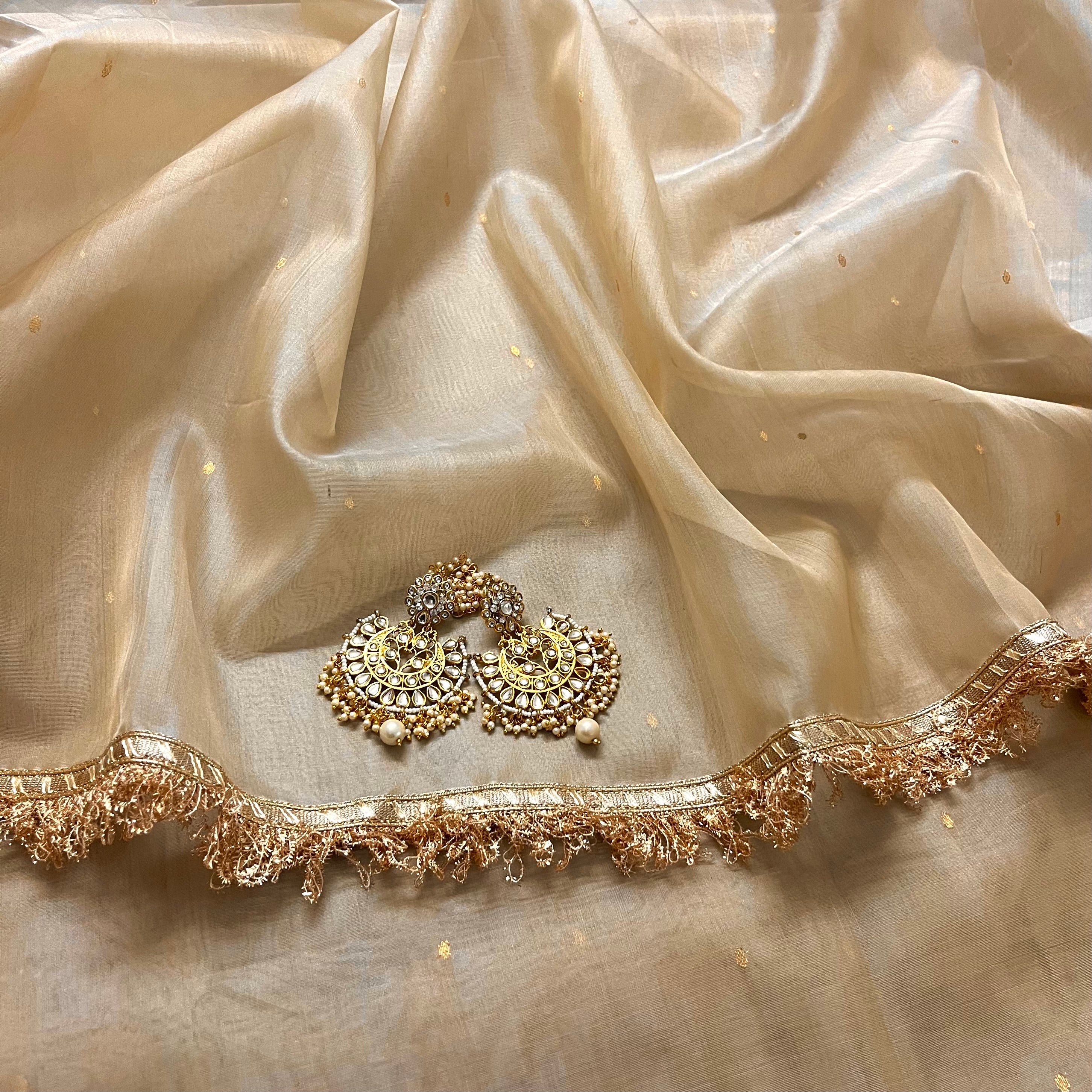 Beige gold Chanderi organza silk saree with zari bootis all over - Image 9