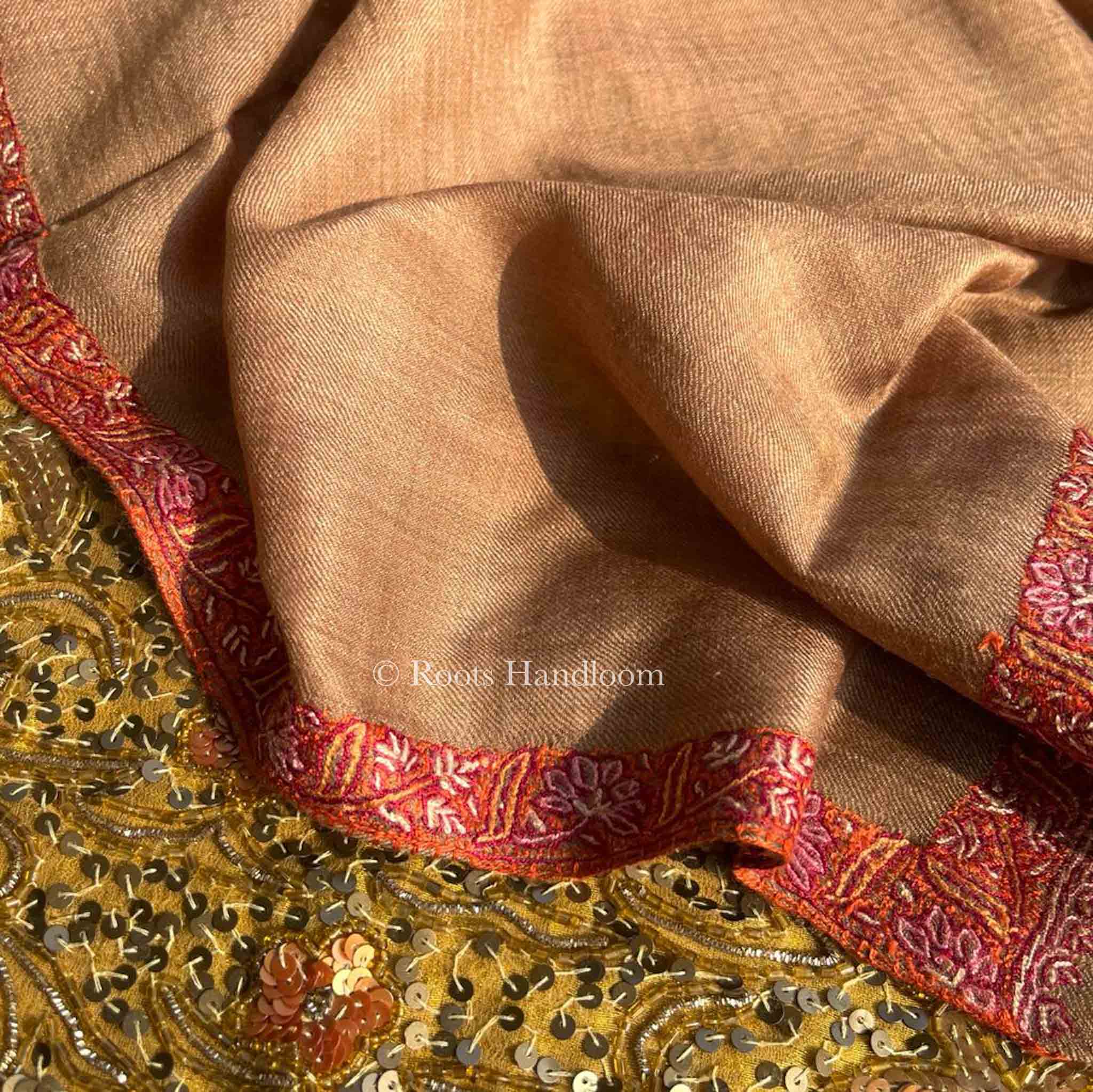 Beige Brown Pashmina Stole with Hashi Dar Embroidery - Image 4