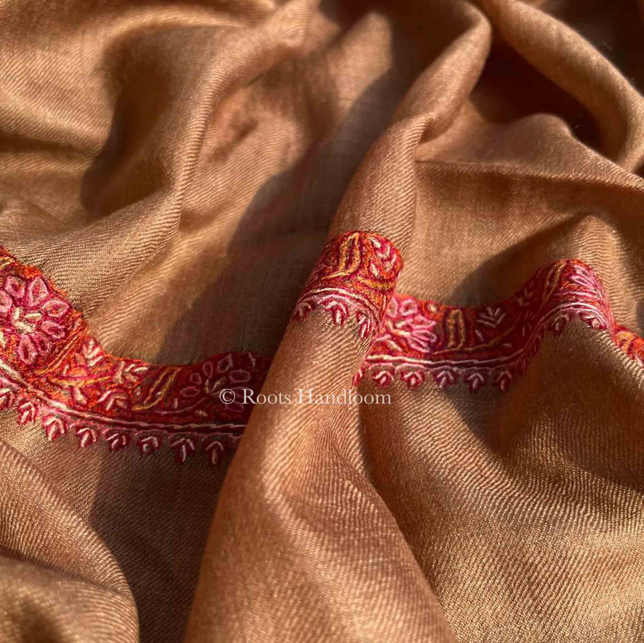 Beige Brown Pashmina Stole with Hashi Dar Embroidery - Image 5