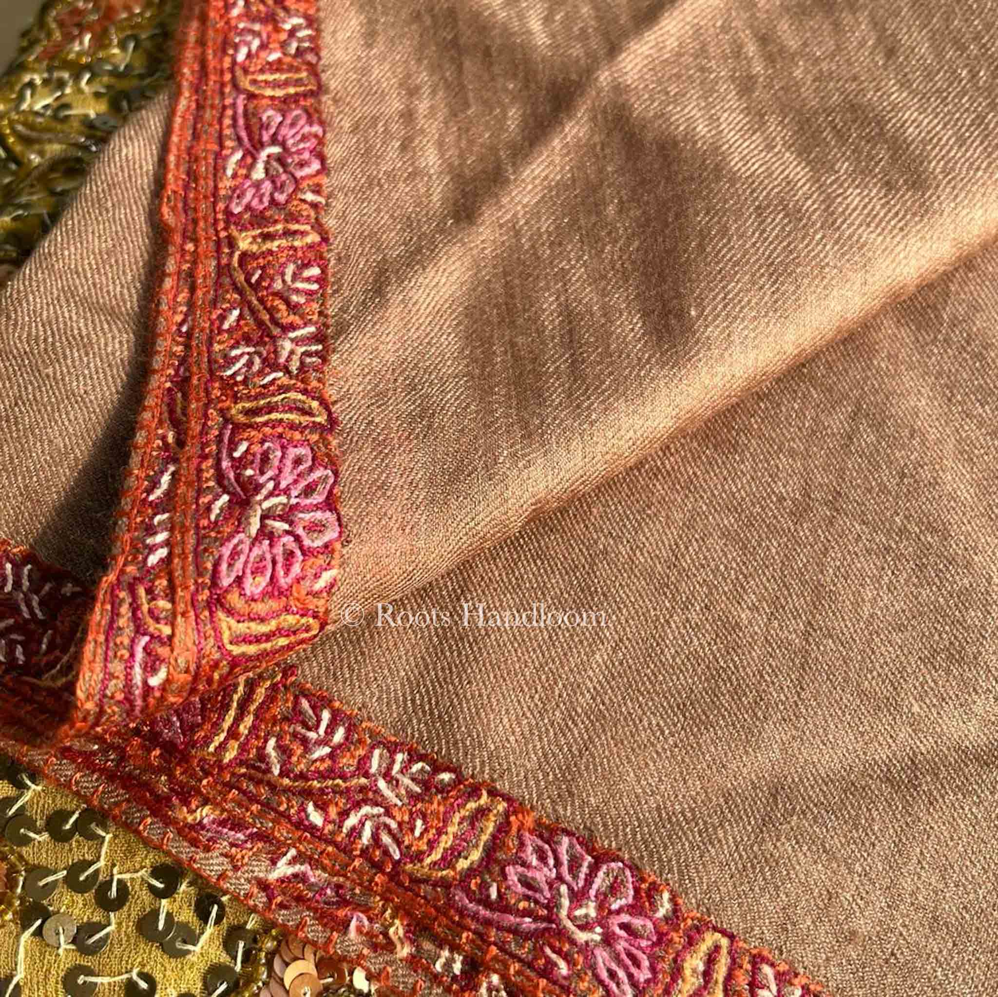 Beige Brown Pashmina Stole with Hashi Dar Embroidery - Image 7