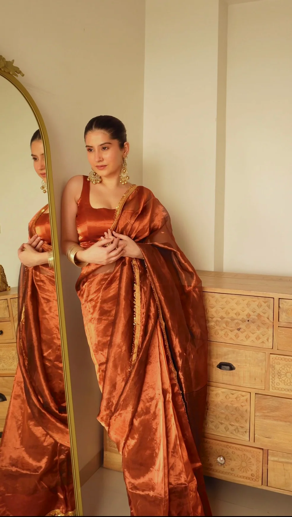 Molten Copper chanderi tissue silk saree with kiran border - Image 2
