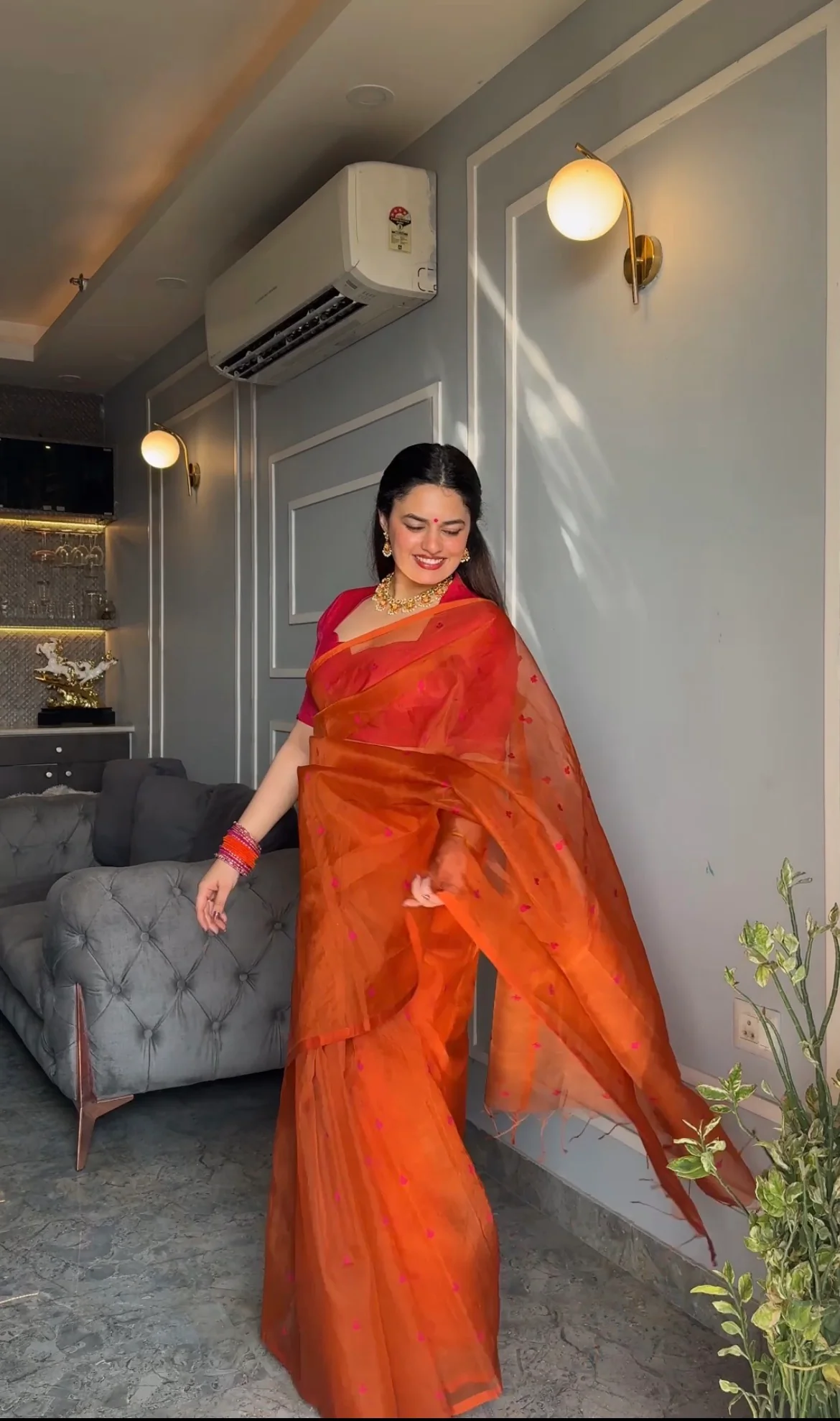 Burnt orange and pink Chanderi silk saree with resham bootis all over - Image 10