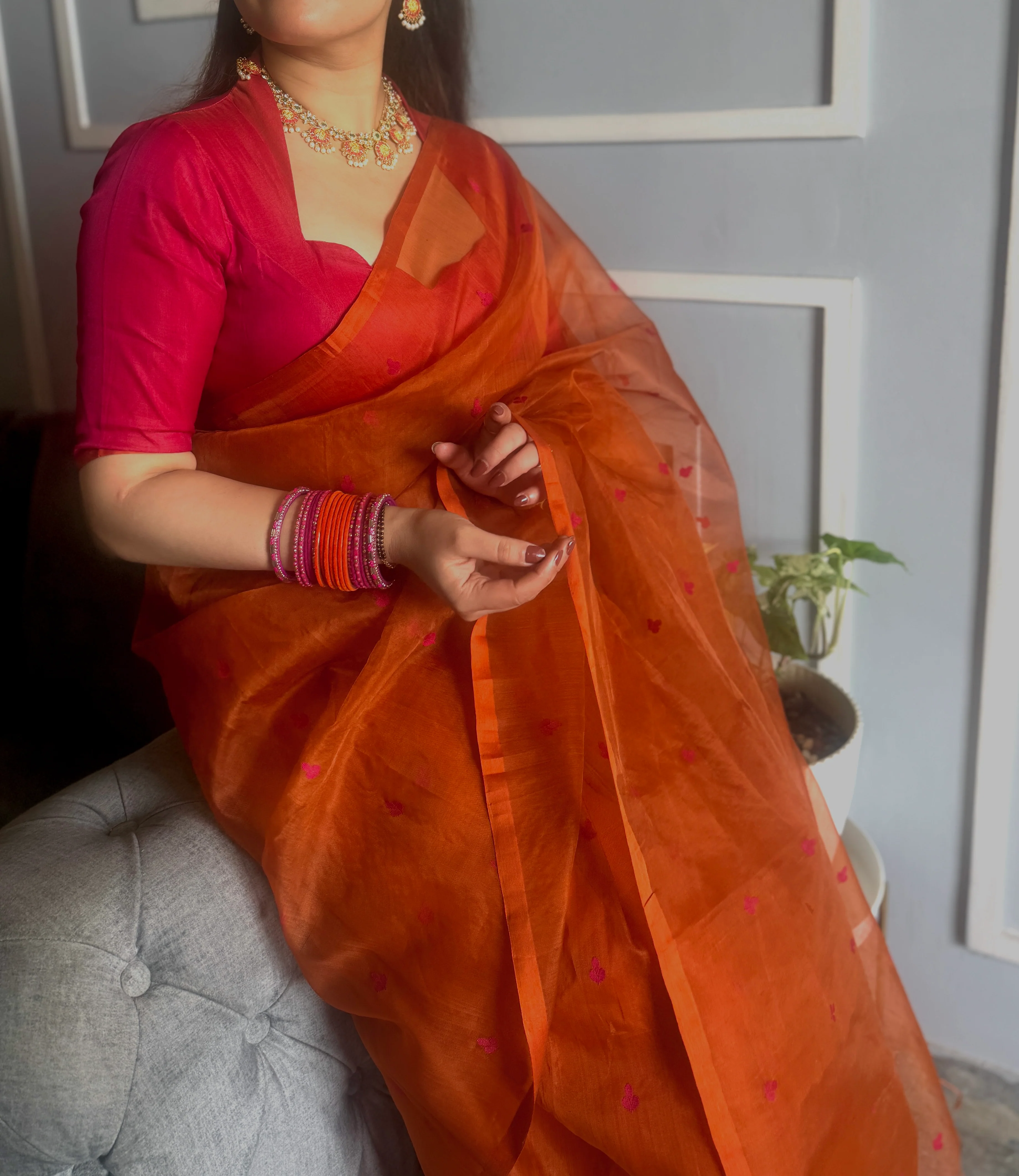 Burnt orange and pink Chanderi silk saree with resham bootis all over - Image 11