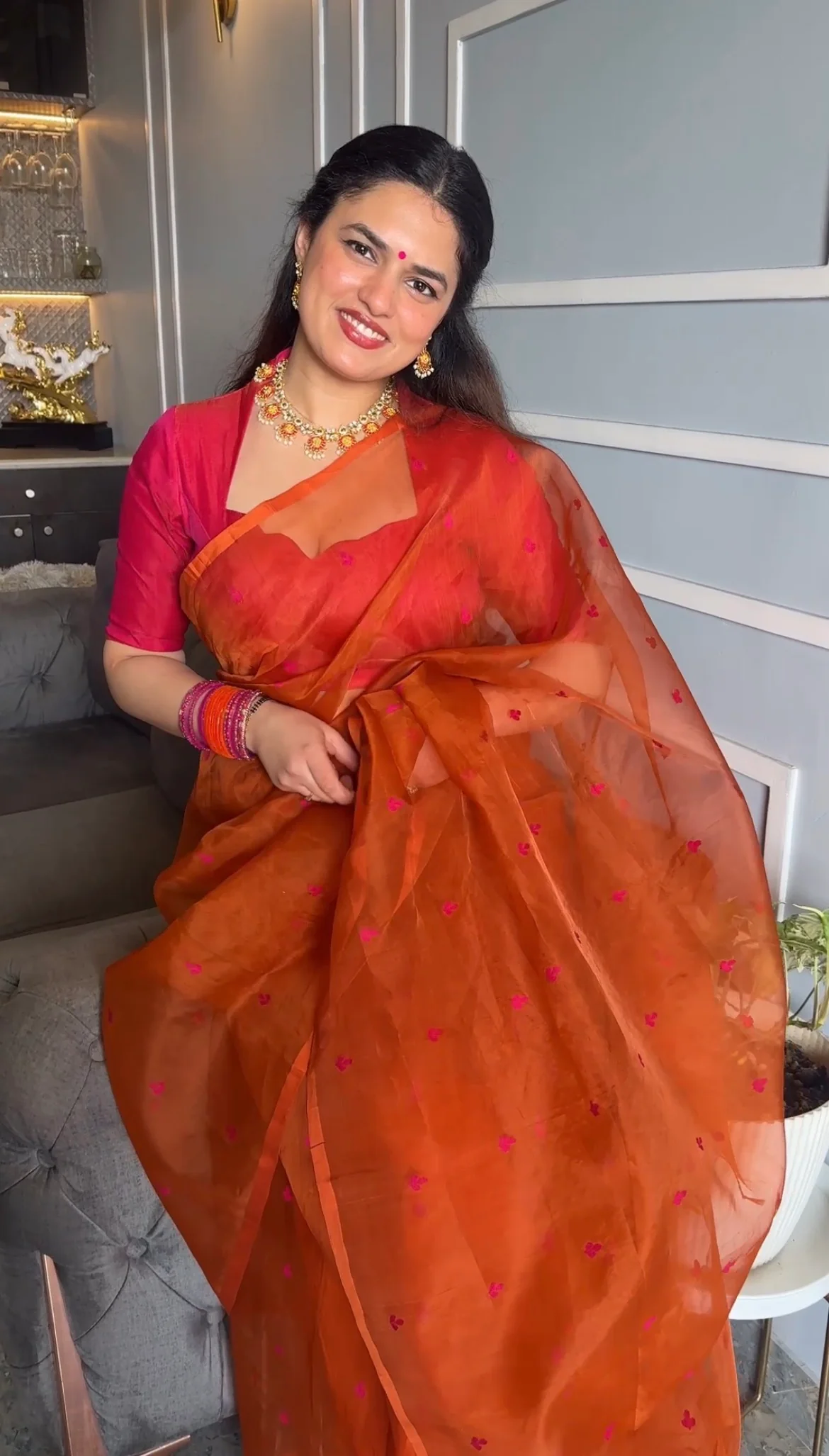 Burnt orange and pink Chanderi silk saree with resham bootis all over - Image 12