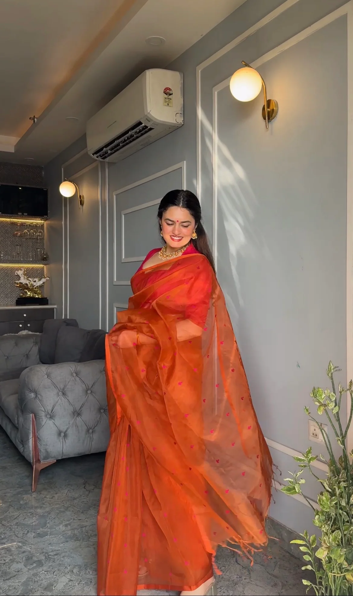 Burnt orange and pink Chanderi silk saree with resham bootis all over - Image 2