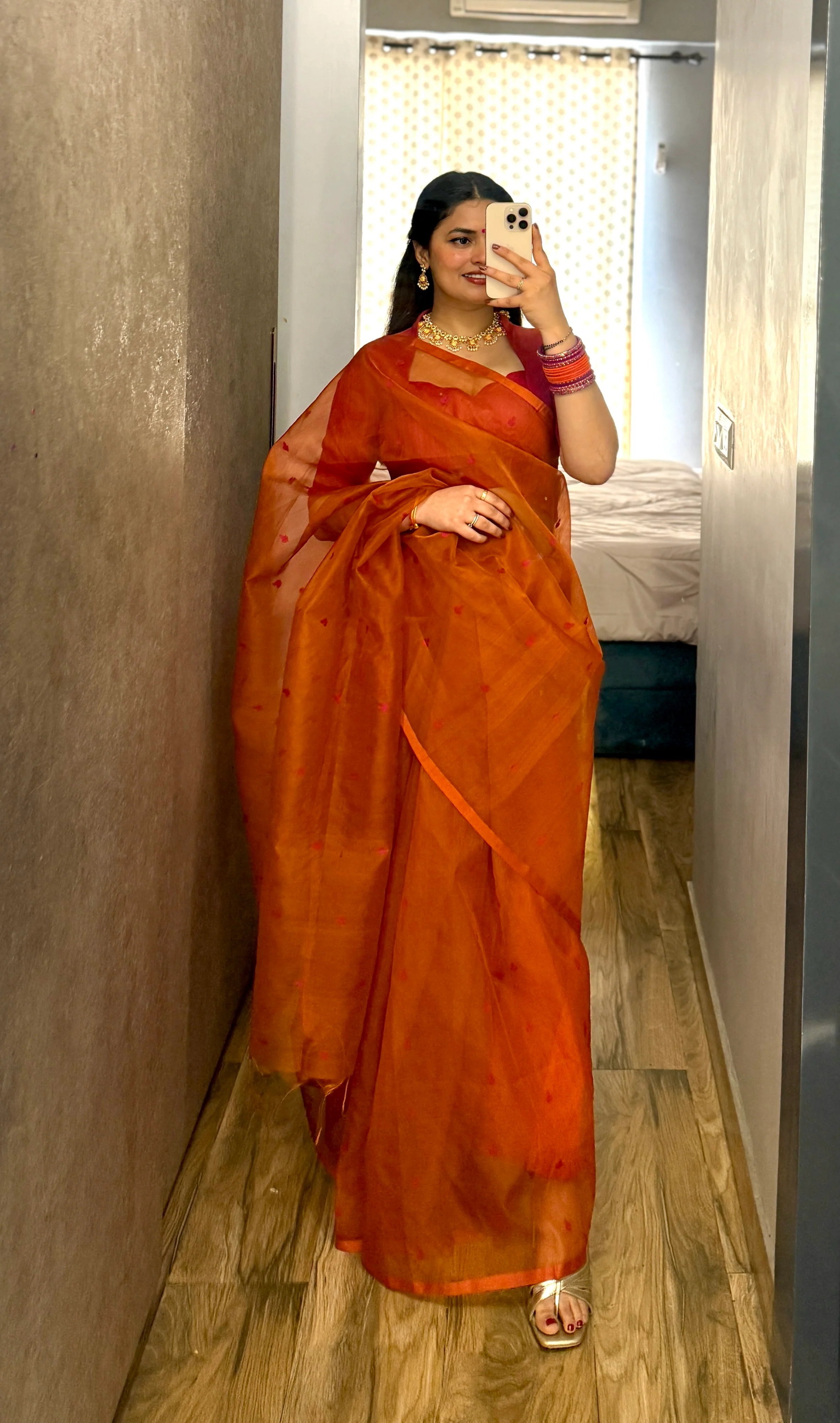 Burnt orange and pink Chanderi silk saree with resham bootis all over - Image 6