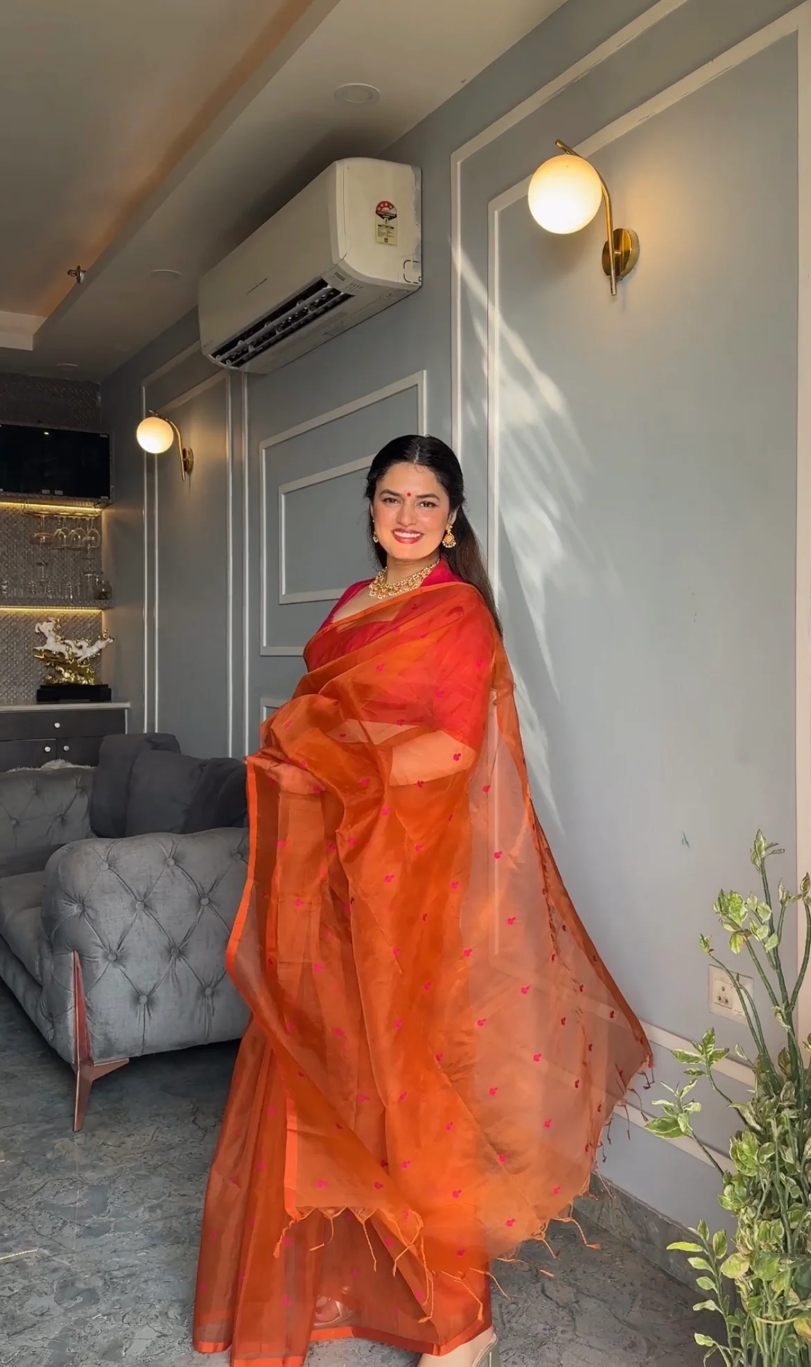 Burnt orange and pink Chanderi silk saree with resham bootis all over - Image 8