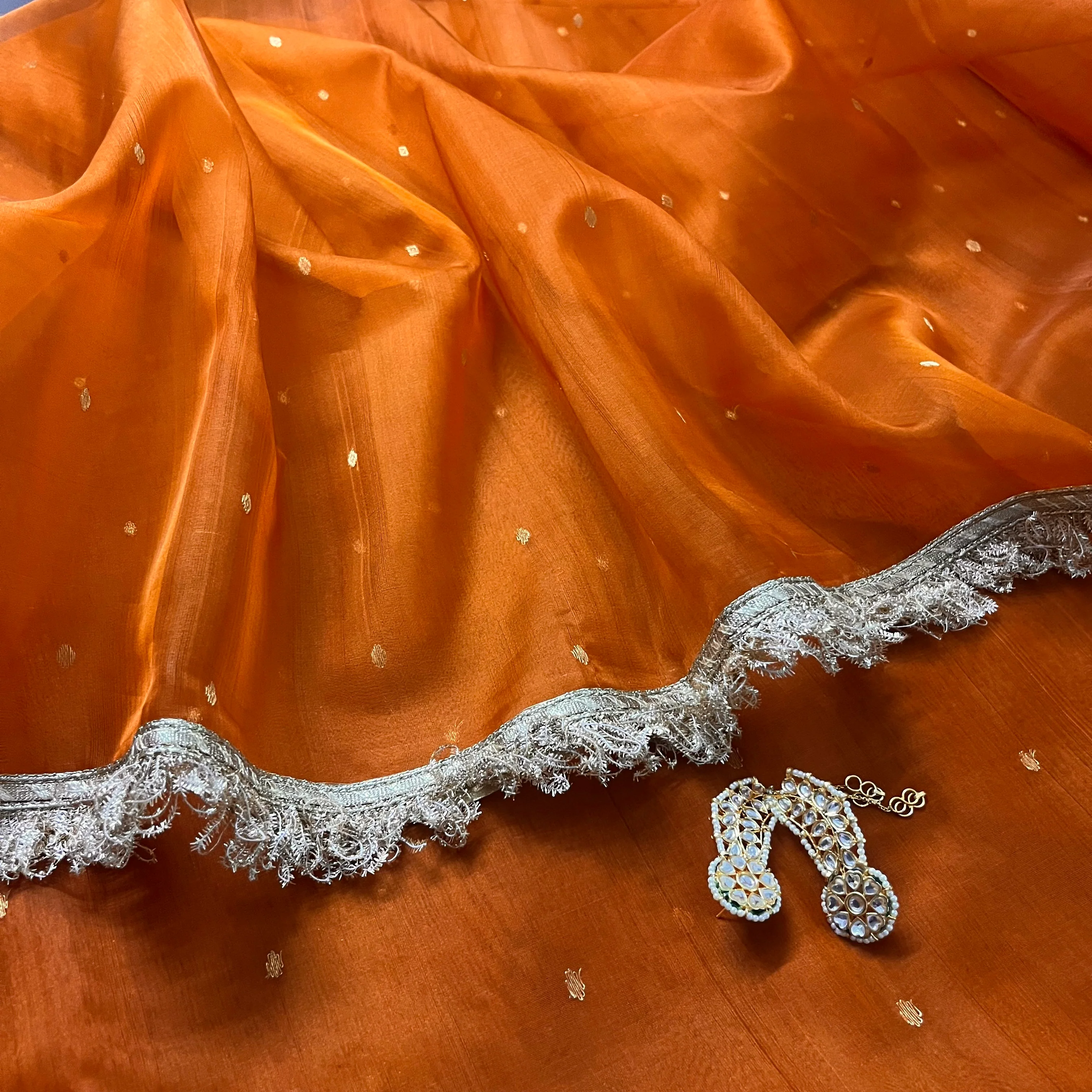Burnt Orange Chanderi Silk Saree with Zari Bootis all over - Image 11