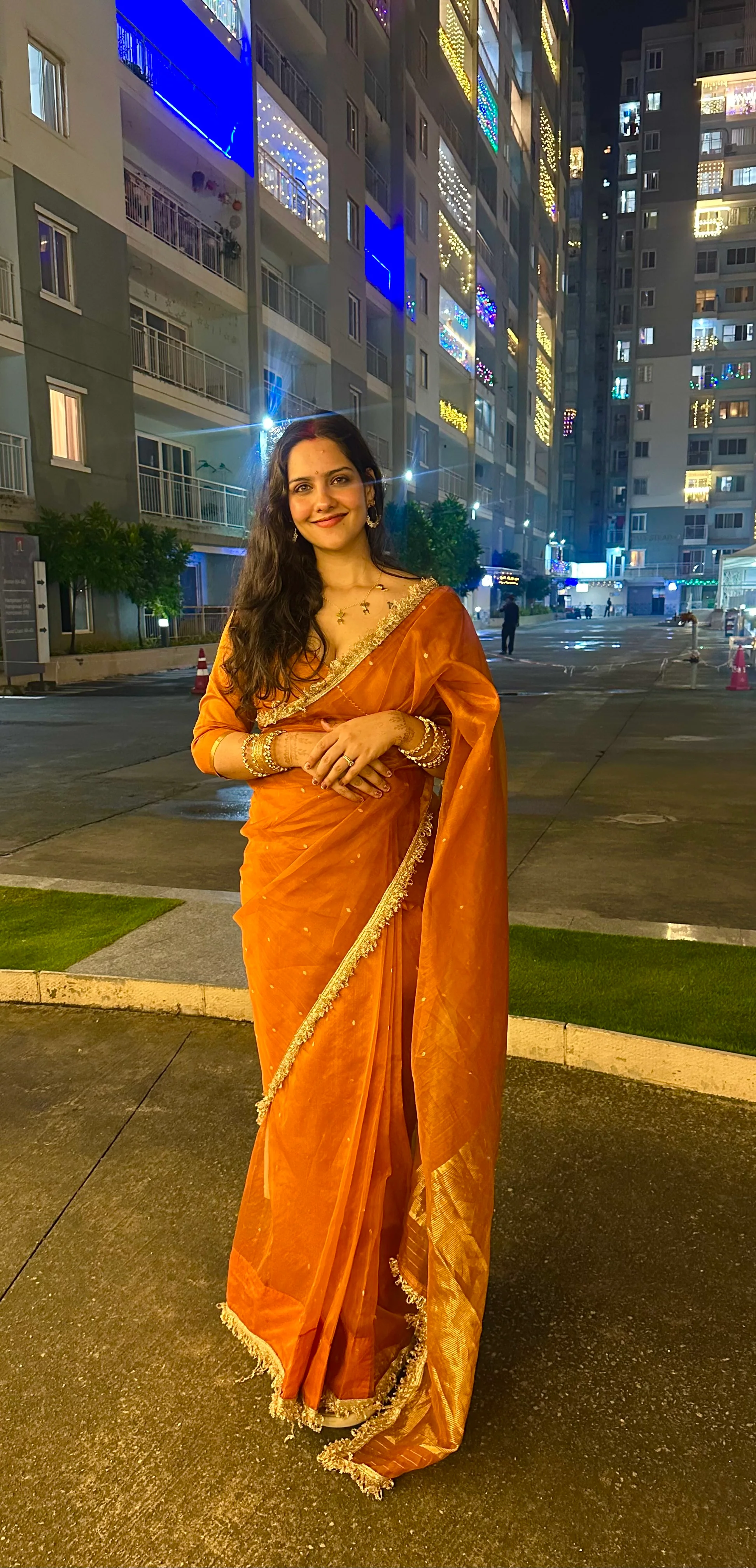 Burnt Orange Chanderi Silk Saree with Zari Bootis all over - Image 12