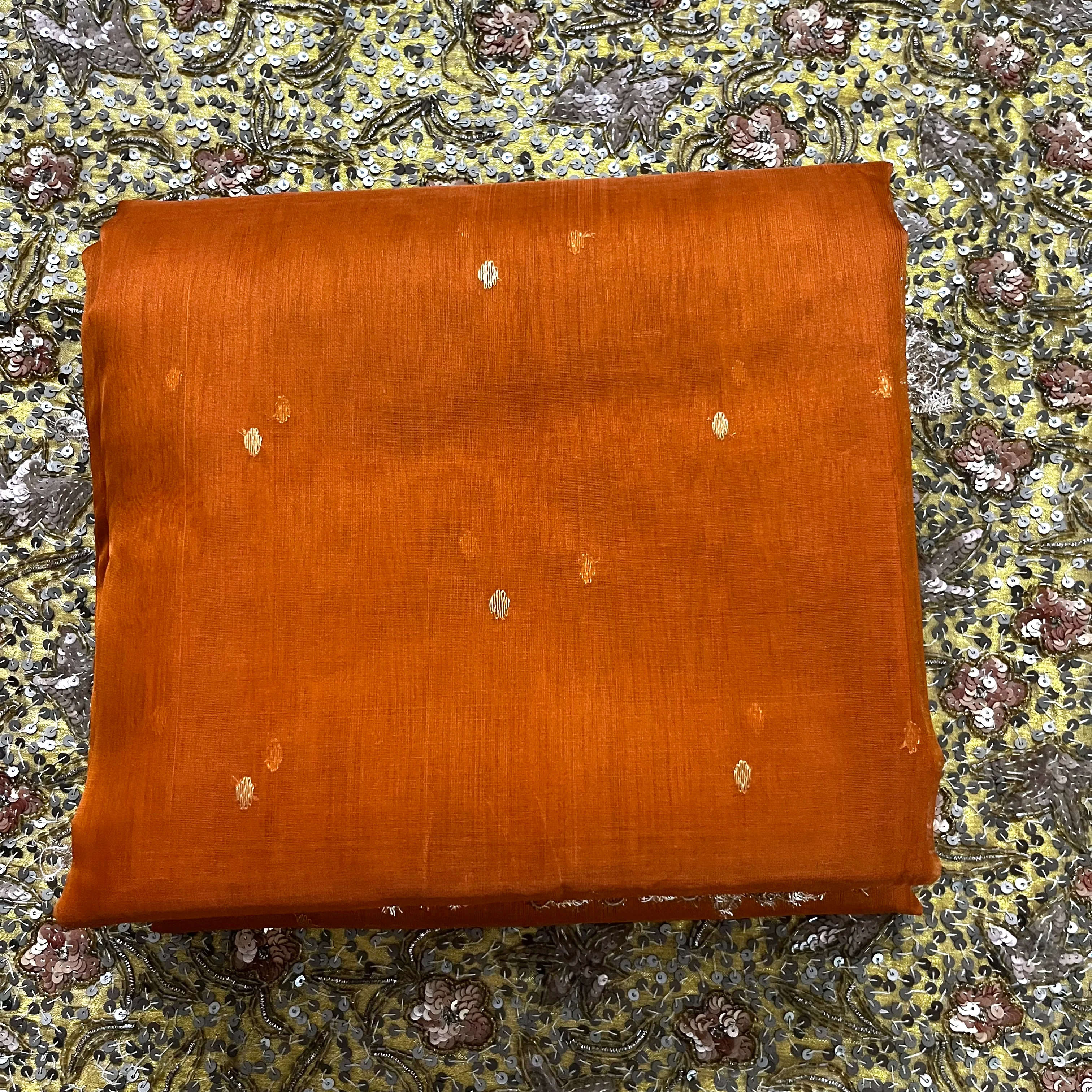 Burnt Orange Chanderi Silk Saree with Zari Bootis all over - Image 15