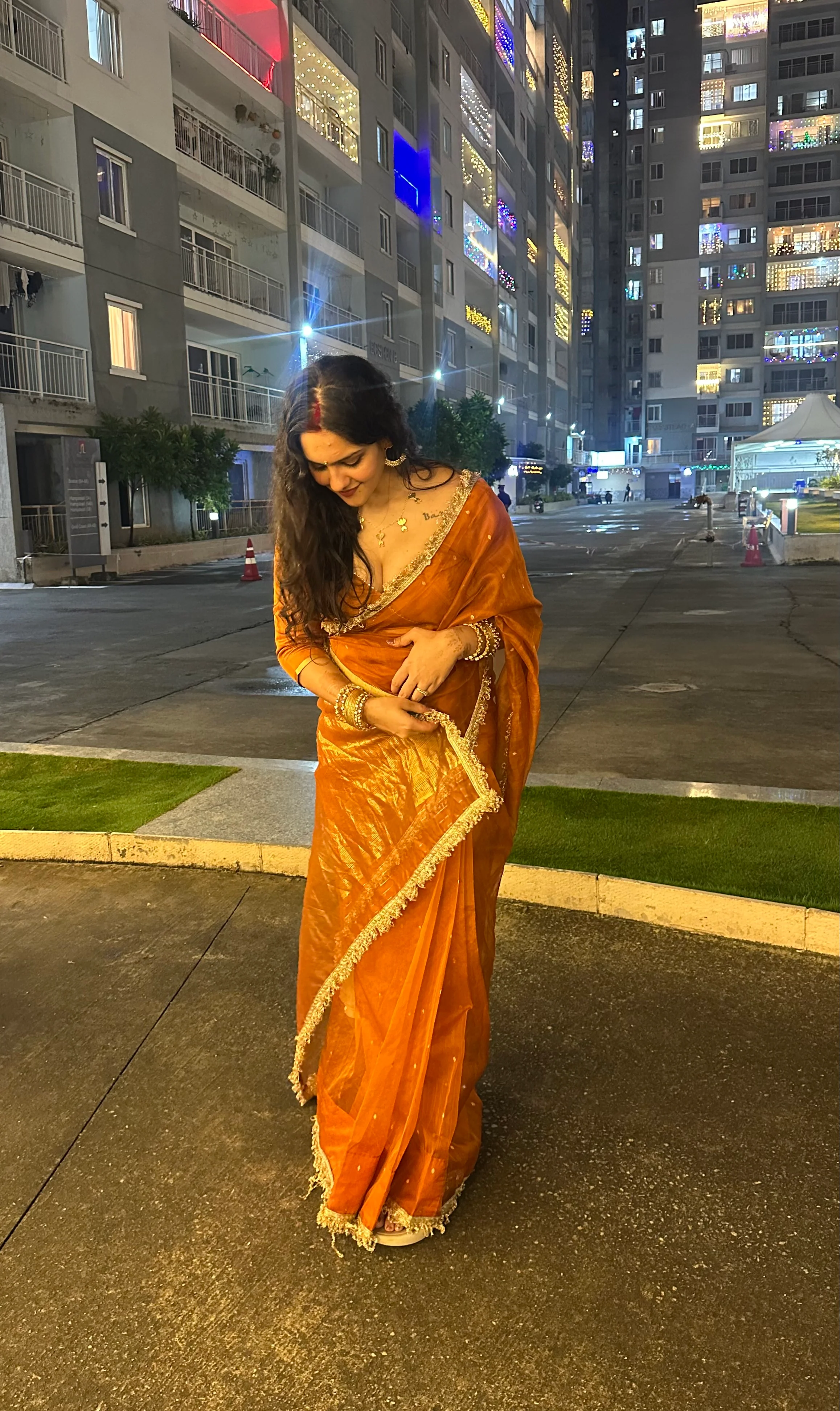 Burnt Orange Chanderi Silk Saree with Zari Bootis all over - Image 17