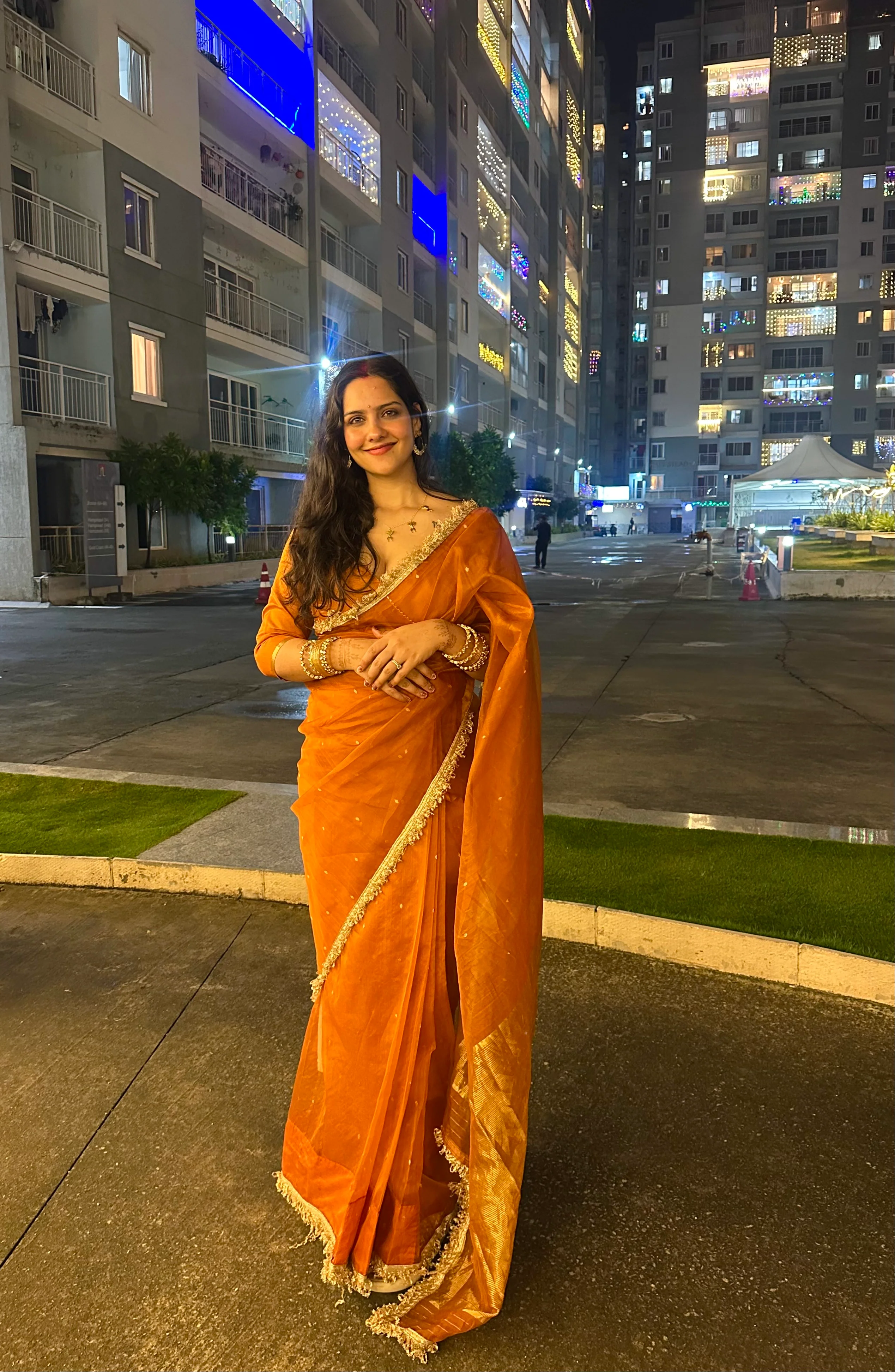 Burnt Orange Chanderi Silk Saree with Zari Bootis all over - Image 19