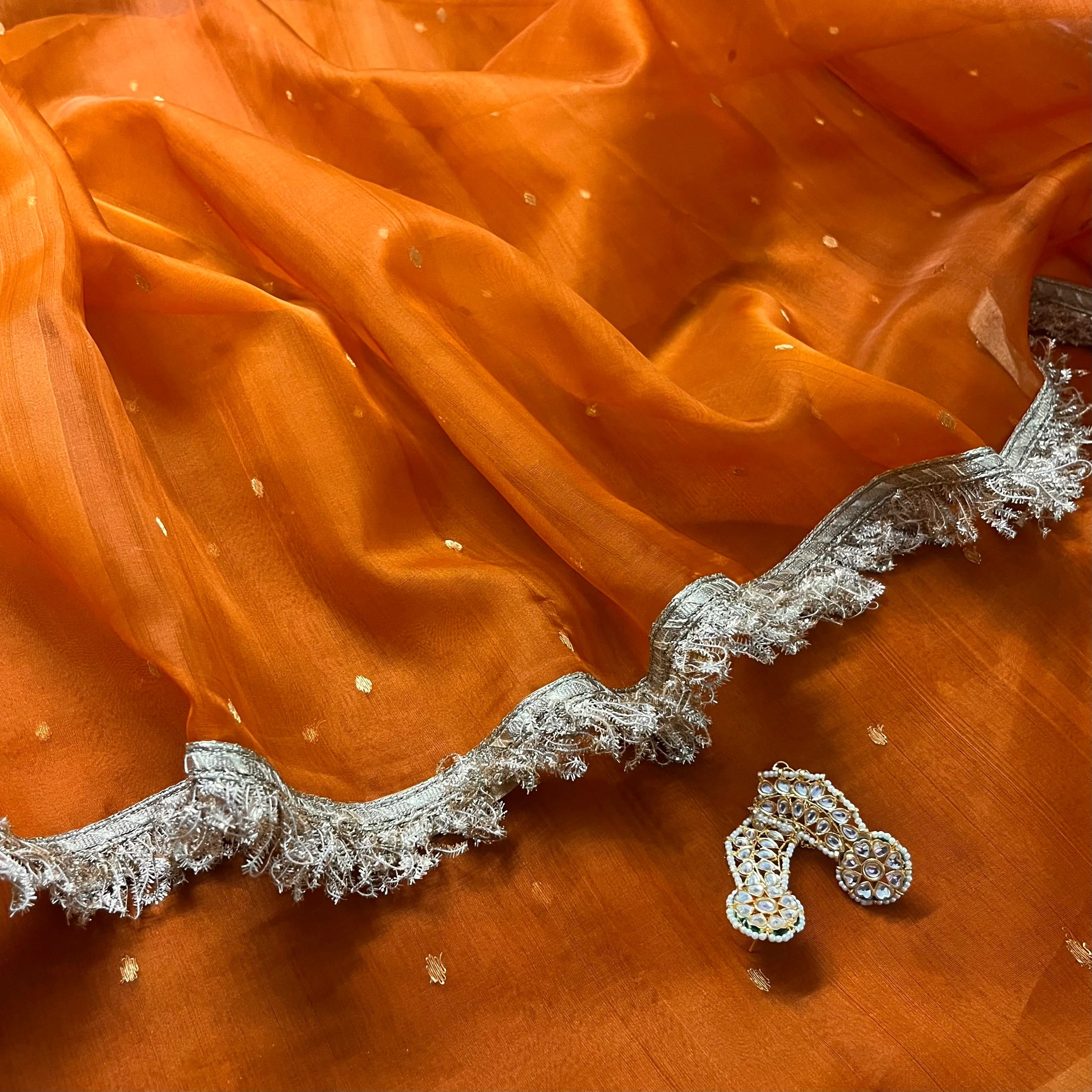 Burnt Orange Chanderi Silk Saree with Zari Bootis all over - Image 6