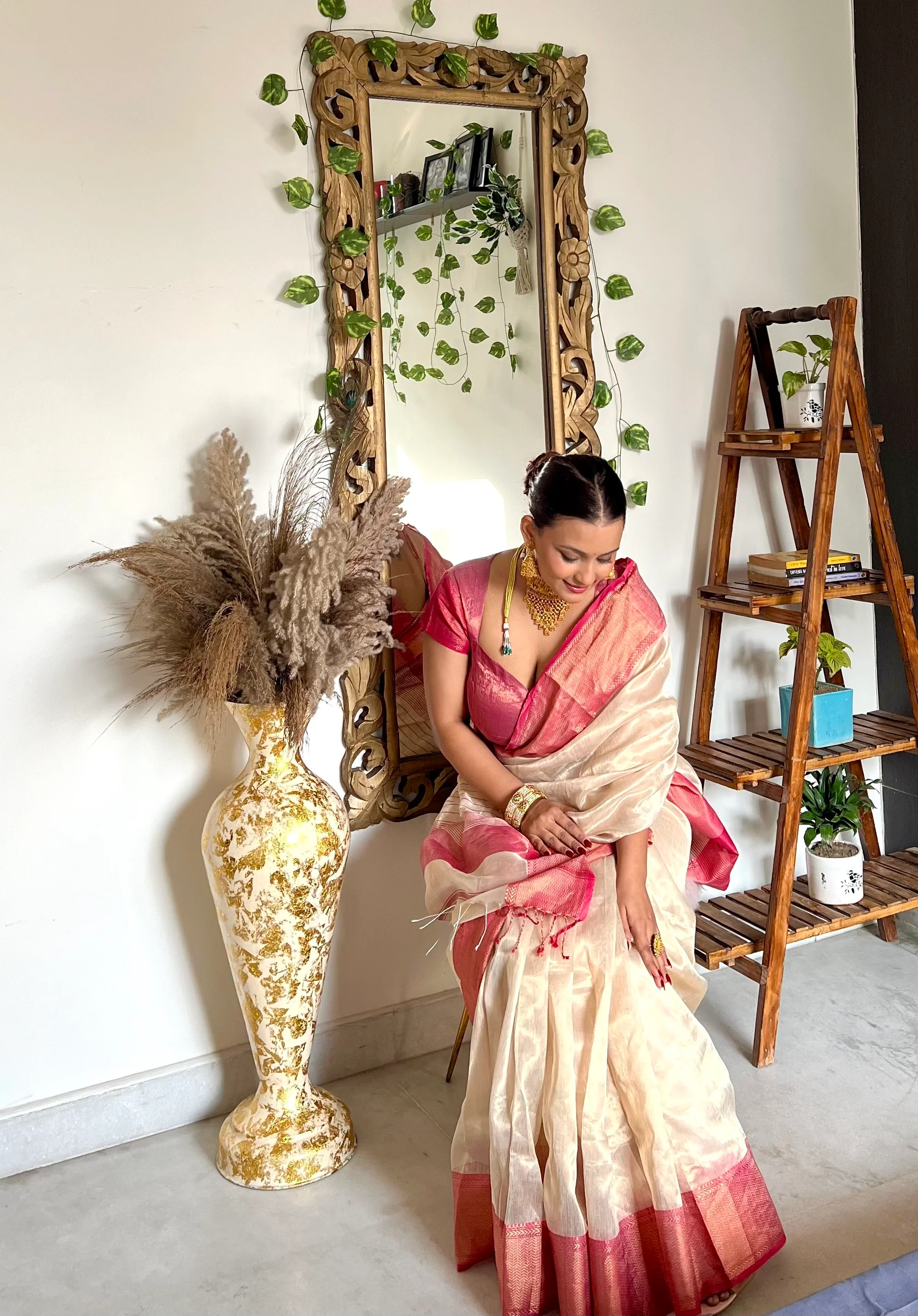 Champagne gold and pink maheshwari tissue silk saree