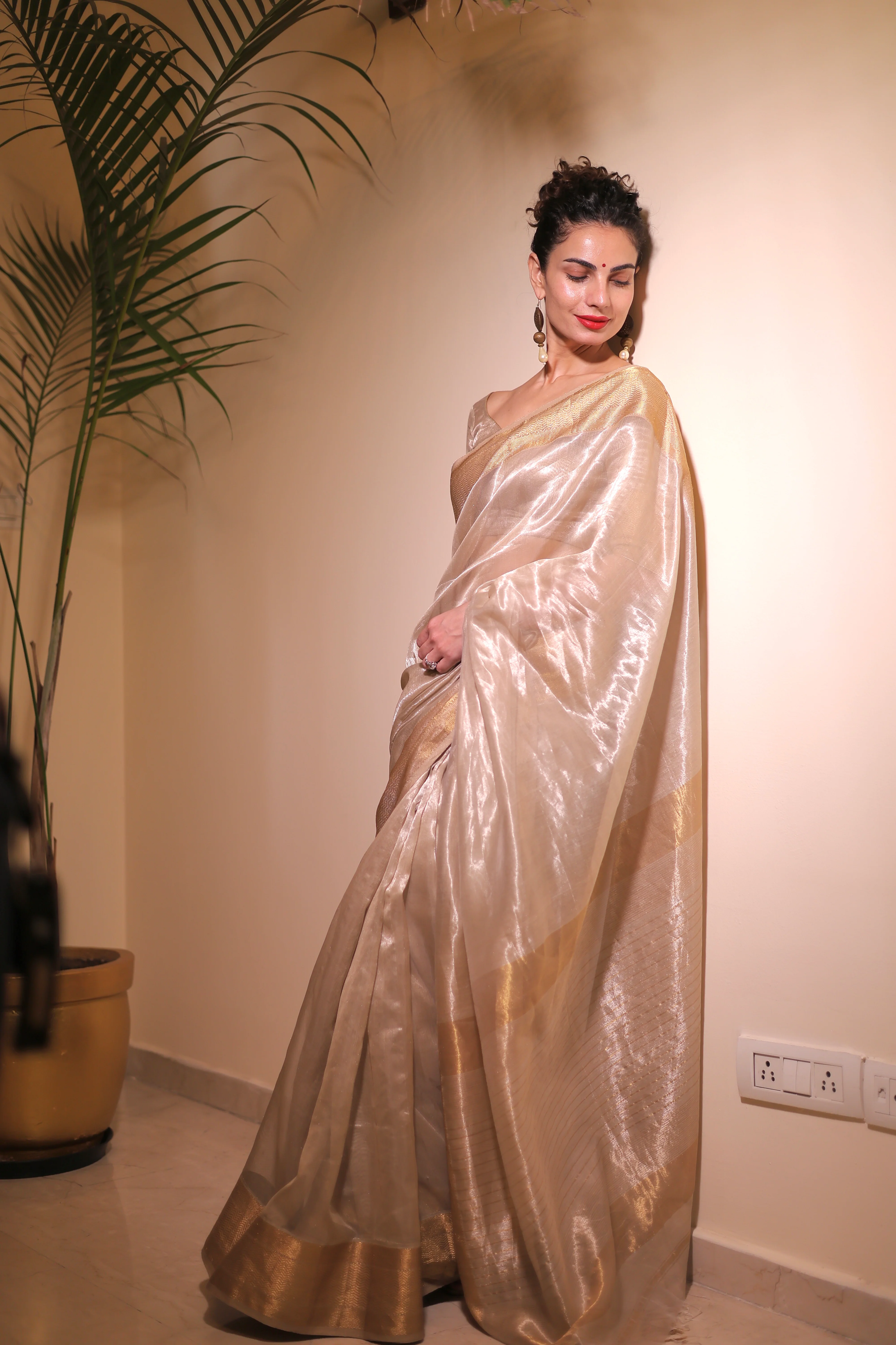 Champagne maheshwari tissue silk saree